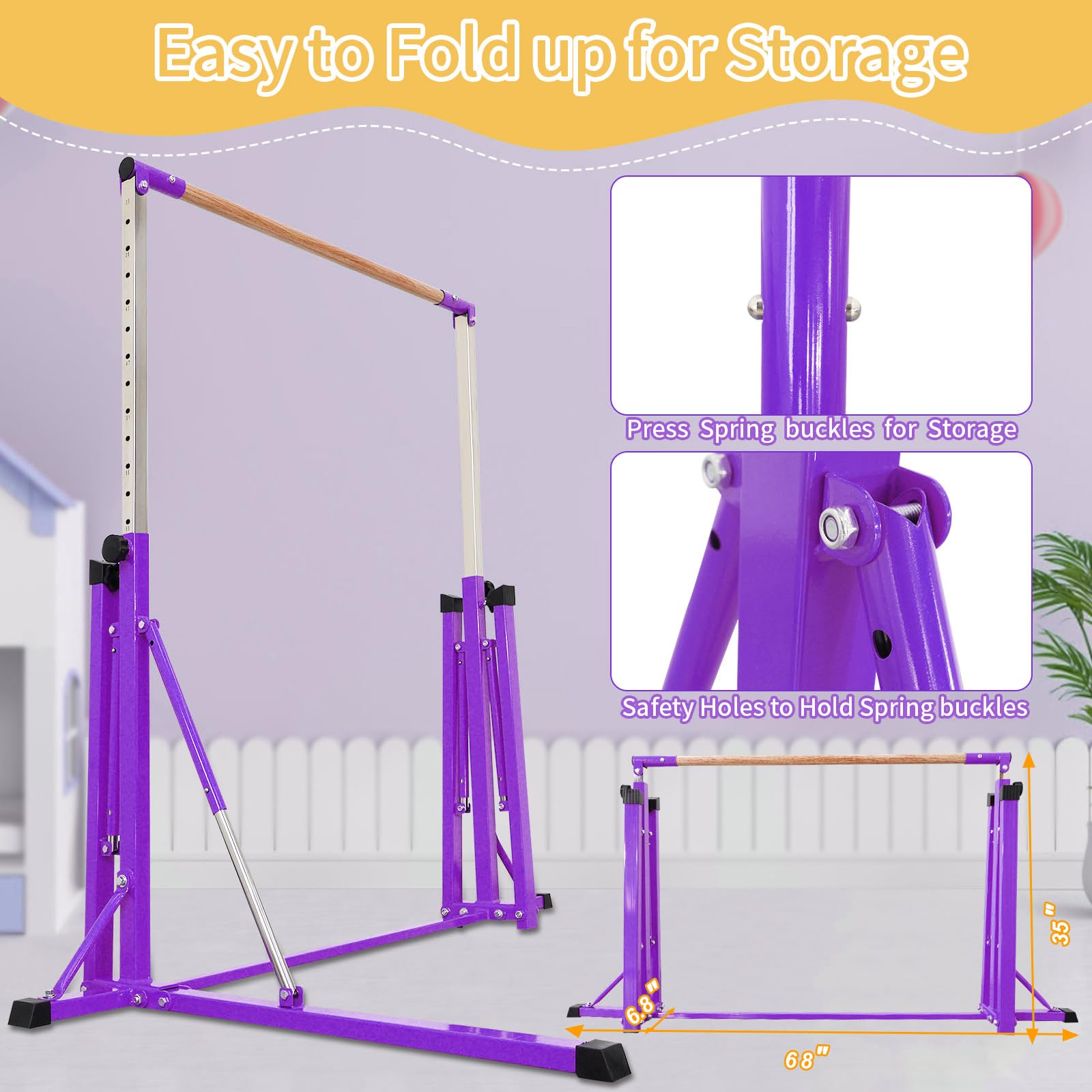 FC FUNCHEER Gymnastics Bar for Kids Ages 3-15, 35" to 60" Adjustable Height, 4FT Wide Base - Professional Kip Bar with 360° Stability & Fiberglass Crossbar, Easy Fold&Solid Design for Home Training