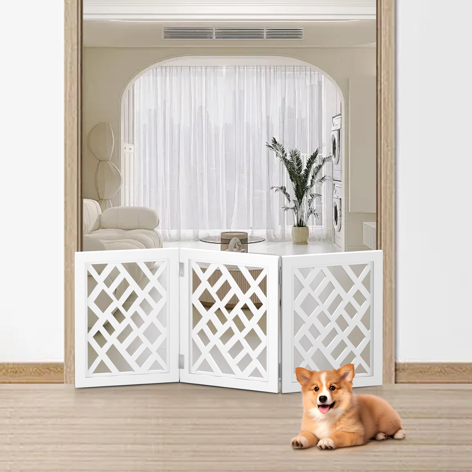 Cut-Out Design 16" Short Dog Gate for Small Dogs, Foldable Retractable Puppy Gate Indoor - Freestanding Lightweight Pet Barrier for Doorways, Stairs, Hallways (Extends to 35", White)
