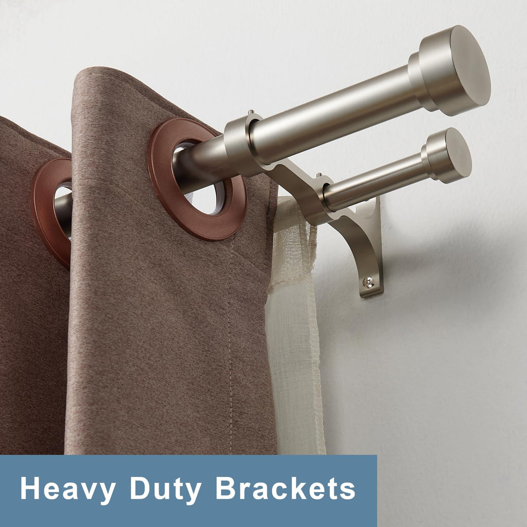 Heavy Duty Double Curtain Rods with Cylindrical Cap Finials - 36 to 72' Telescoping Rods, 1 Inch and 5/8 Inch Diameter, Light Gold