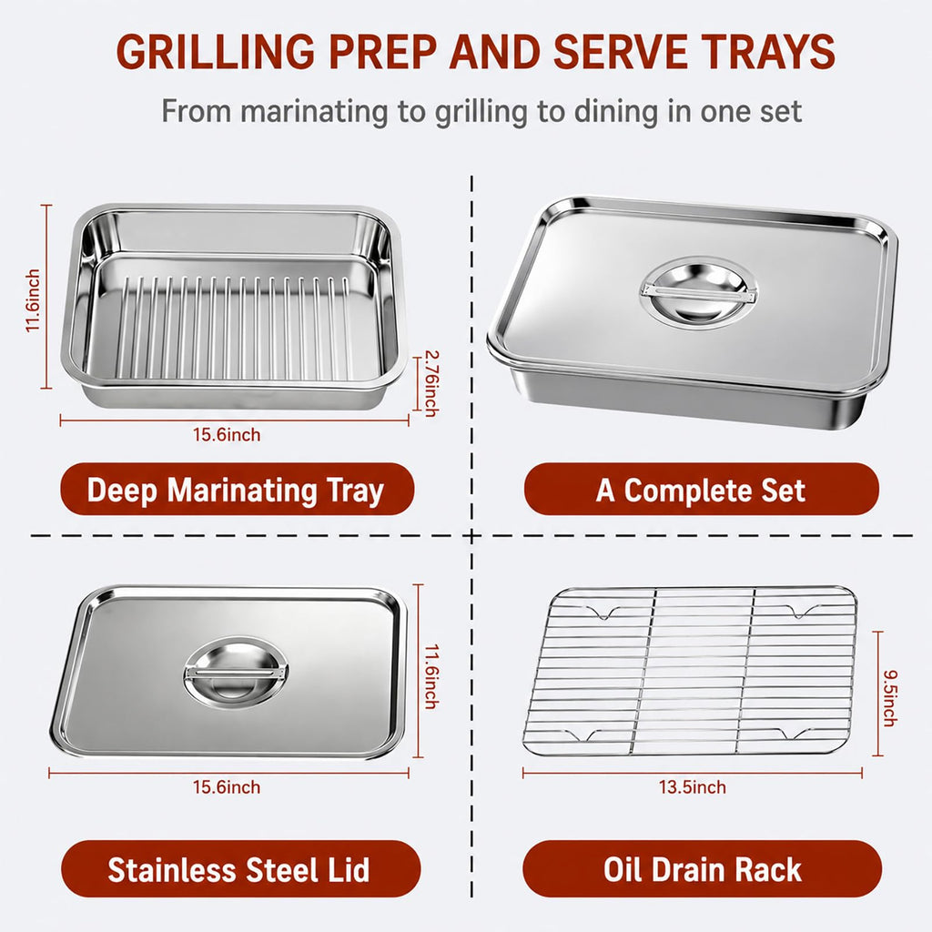Grill Prep & Serve Tray Set with Lids, 5-Piece Food Prep System for Marinating, Carrying & Serving, Stainless Steel BBQ Trays for Raw & Cooked Food Separation (Rack Included)