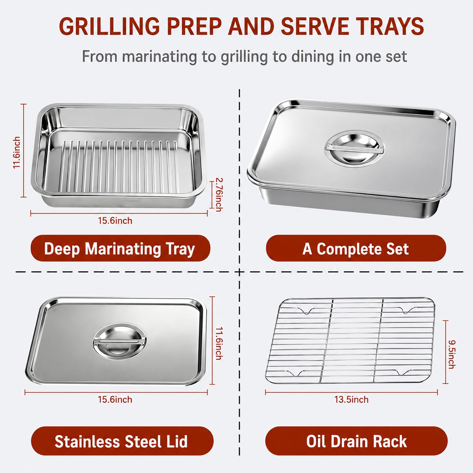 Grill Prep & Serve Tray Set with Lids, 5-Piece Food Prep System for Marinating, Carrying & Serving, Stainless Steel BBQ Trays for Raw & Cooked Food Separation (Rack Included)