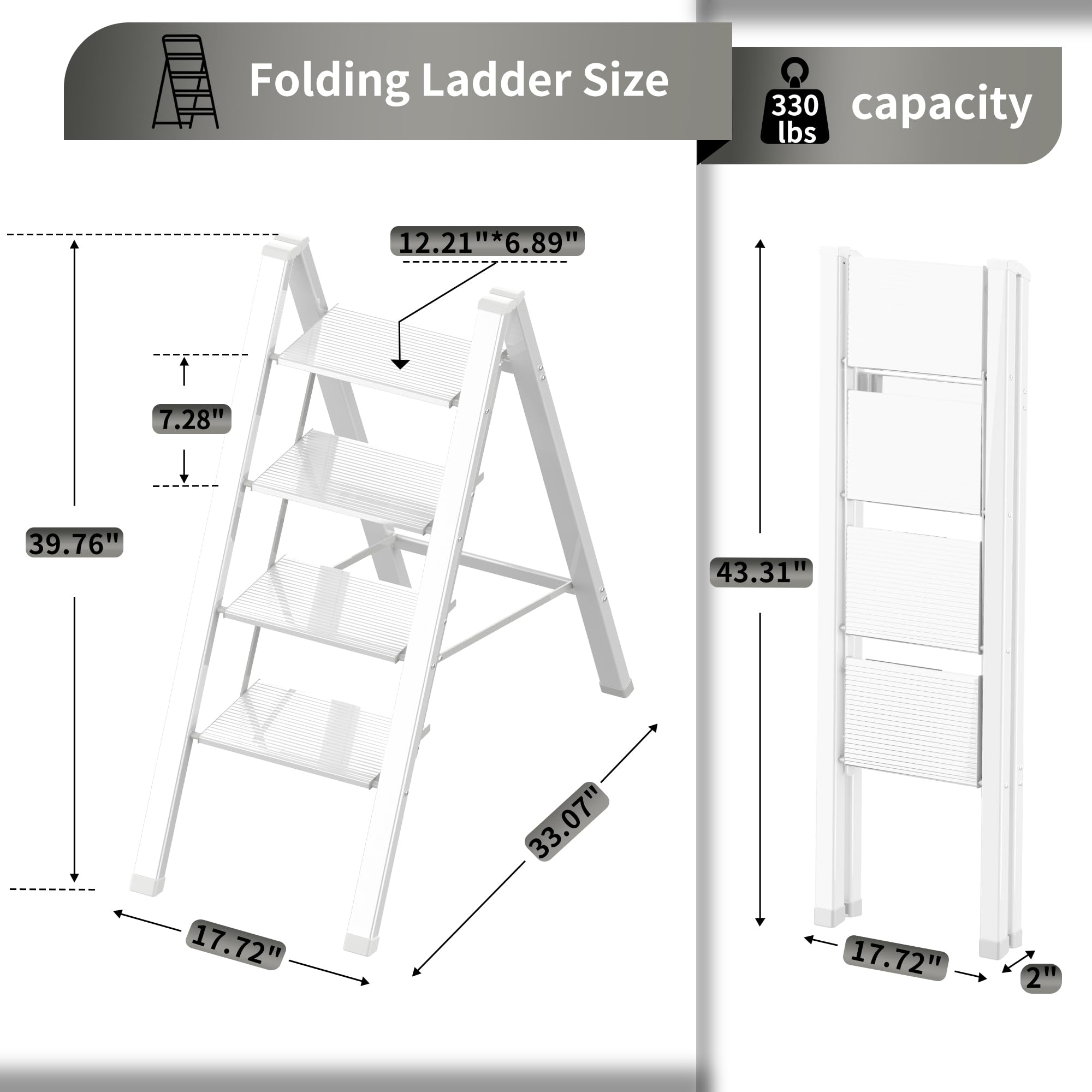 2 Step Lightweight Folding Ladder for Home, 330lbs Aluminum Step Ladder Anti-Slip for Kitchen, Step Stool Foldable Adults for Closet, 330lbs - Black