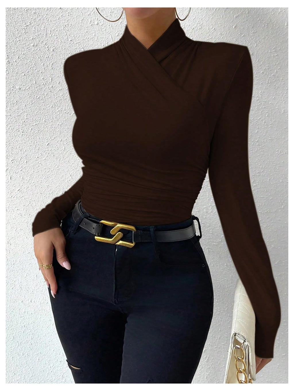 SweatyRocks Women's Ruched Mock Neck Long Sleeve T Shirt Solid Slim Fitted Tee Tops