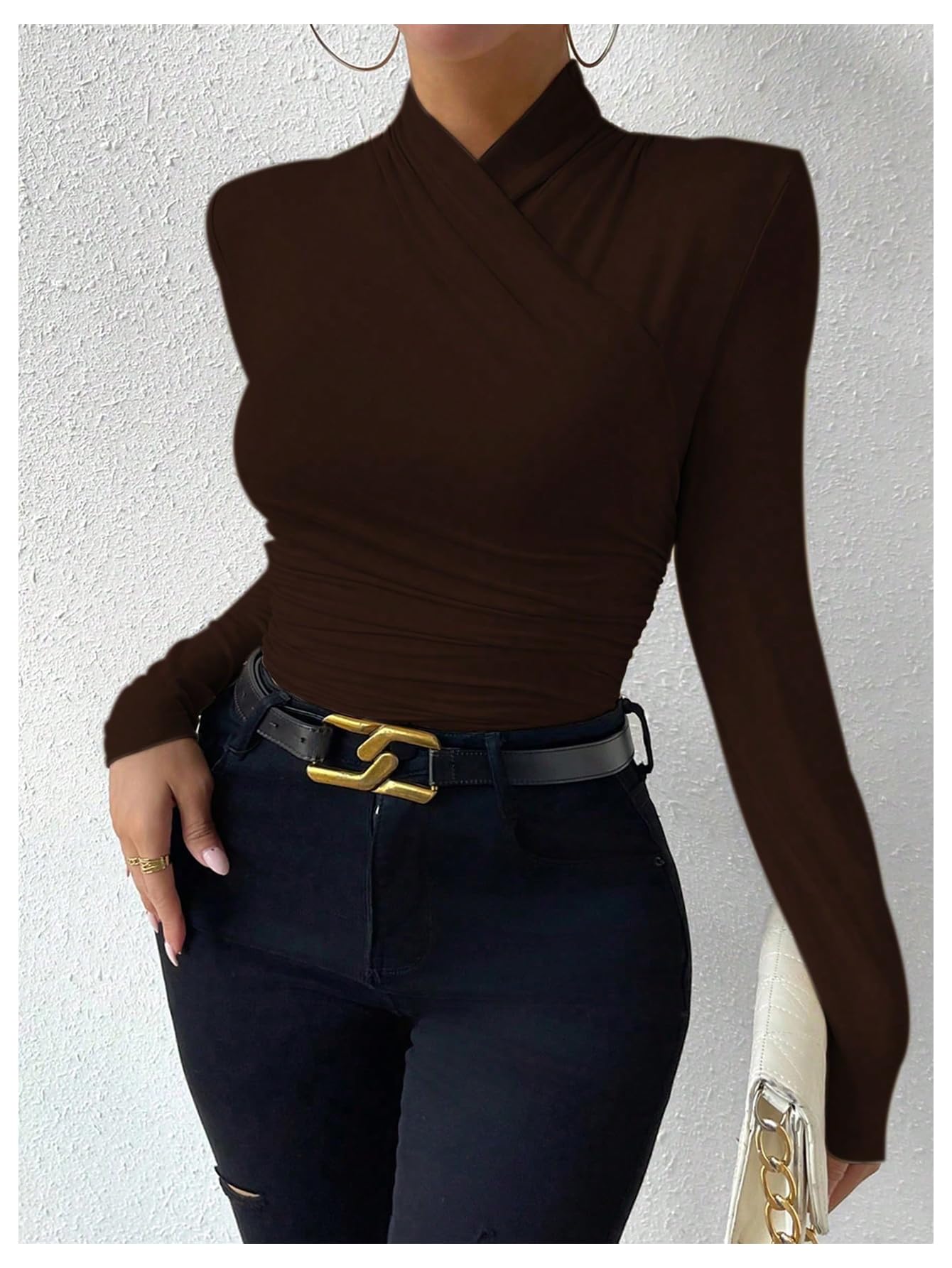 SweatyRocks Women's Ruched Mock Neck Long Sleeve T Shirt Solid Slim Fitted Tee Tops