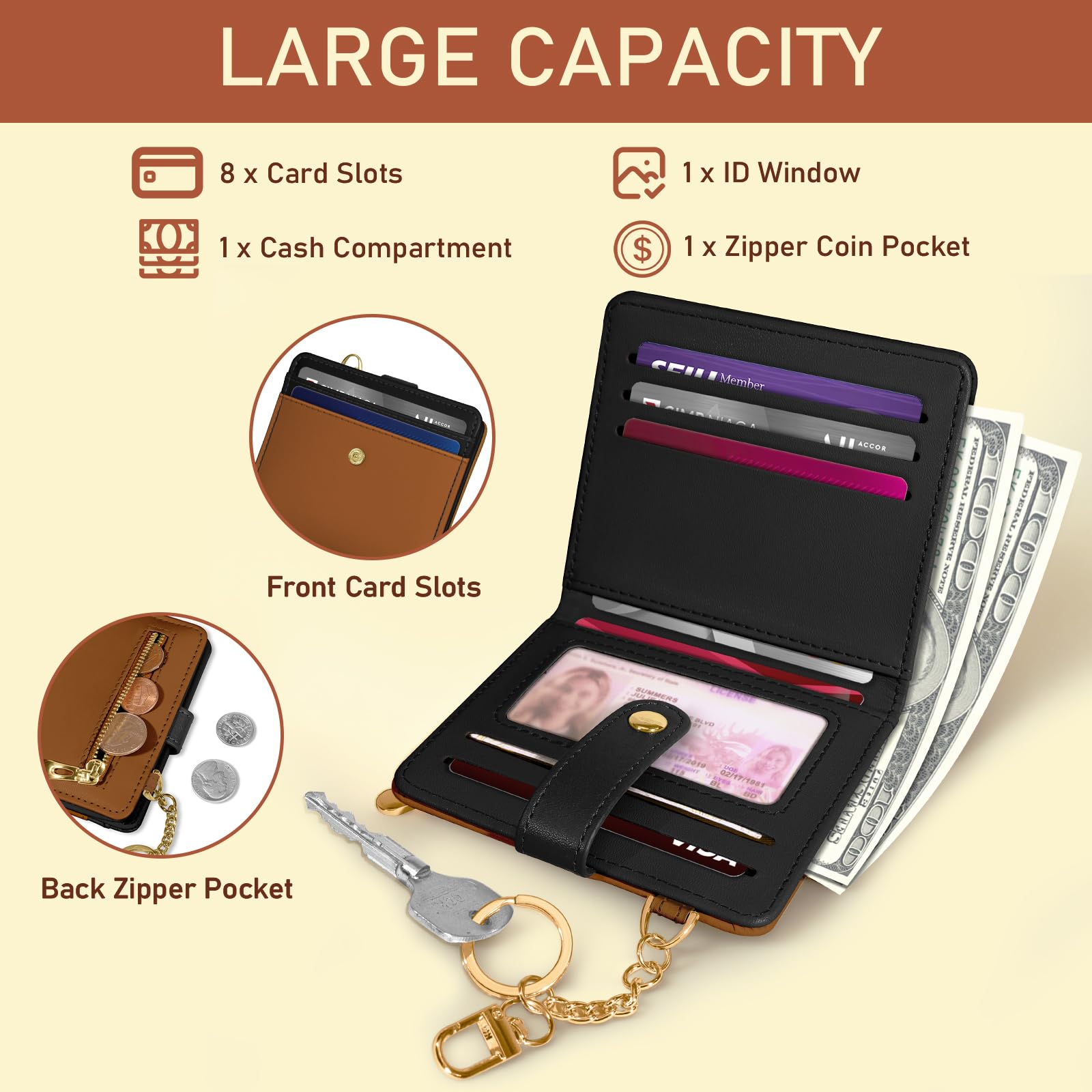Jogjam Small Ladies Wallet, Rfid Slim Thin Compact Credit Card Women Wallet, PU Leather Bifold Cash Wallet, Zipper Coin Pocket & ID Window, Female Gifts Beige and Brown
