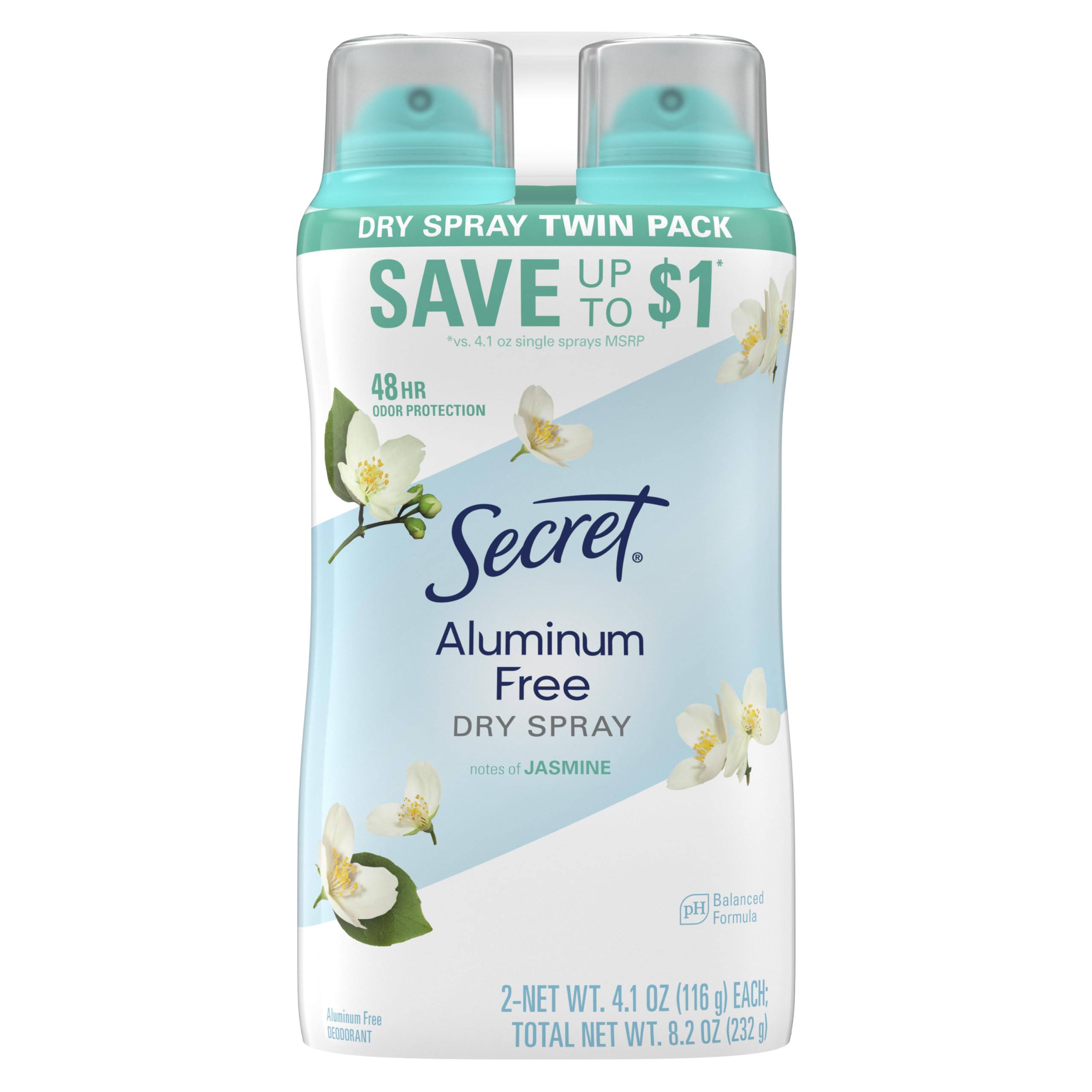 Secret Dry Spray Aluminum Free Deodorant for Women, 48hr Weightless Odor Protection, Gentle on Skin, Cherry Blossom Scent, 4.1 oz (Pack of 2)