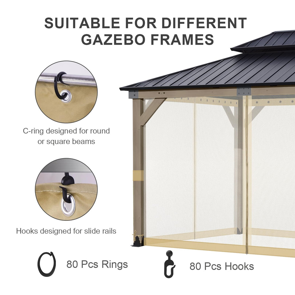 BPS 10' x 10' Gazebo Universal Mosquito Netting Screen Replacement, 4-Panel Mesh Screen Walls with Double Zippers for Outdoor Patio, Khaki (Mosquito Net Only)
