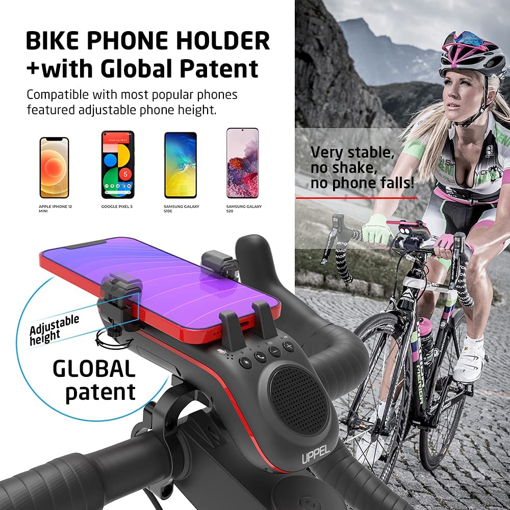 UPPEL Bluetooth Speaker Bicycle, Multifunctional Bike Phone Holder 10-in-1- LED Light - Bike Horn - Microphone - Ideal for Road & Mountain Bike (Black)