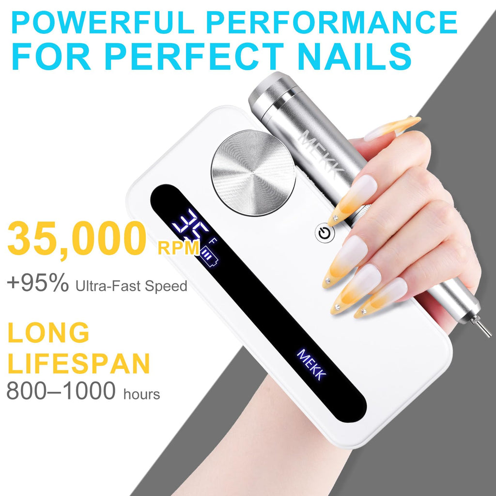 MEKK Nail Drill Kit,35000RPM Electric Nail Drill Professional Electric Nail File with 12PCS Bits,Anti-Shaking Cordless E Filer for Nails with LCD Display,Home & Salon (Orange Blue)