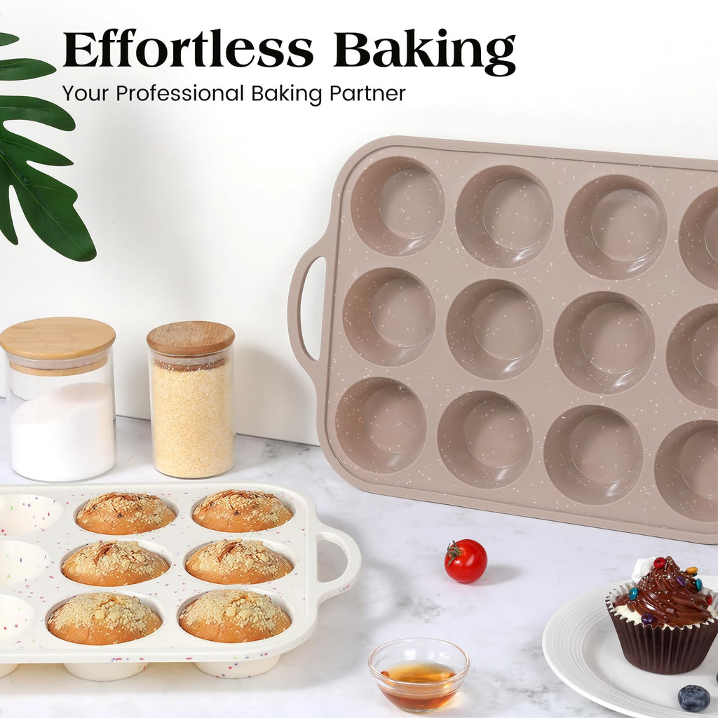 Vinino Silicone Muffin Pans for Baking with Metal Reinforced Frame, 12 Cups Regular Size Nonstick Brown Silicone Cupcake Pan, BPA Free Oven Dishwasher Safe Baking Mold for Muffins Cupcakes