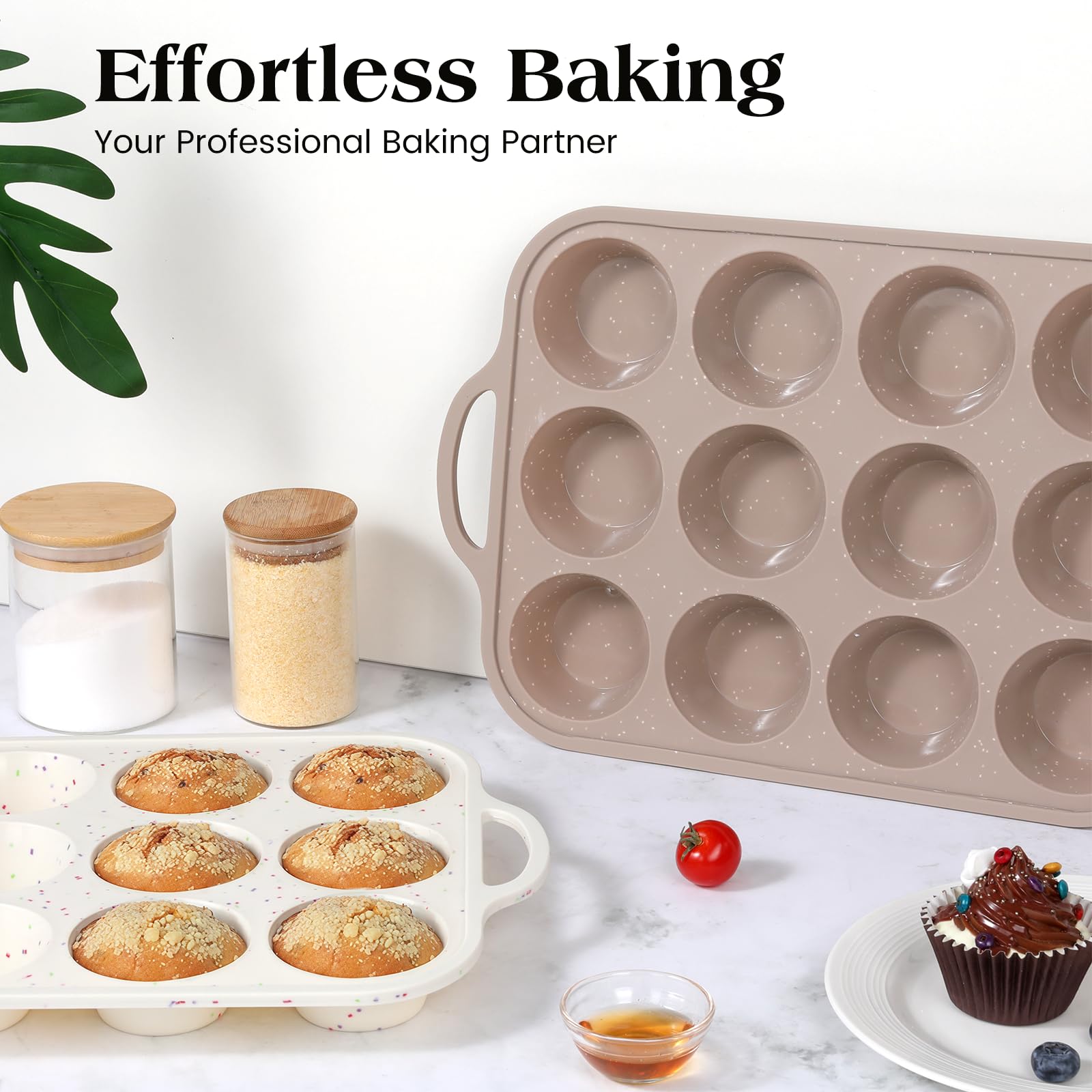 Vinino Silicone Muffin Pans for Baking with Metal Reinforced Frame, 12 Cups Regular Size Nonstick Brown Silicone Cupcake Pan, BPA Free Oven Dishwasher Safe Baking Mold for Muffins Cupcakes