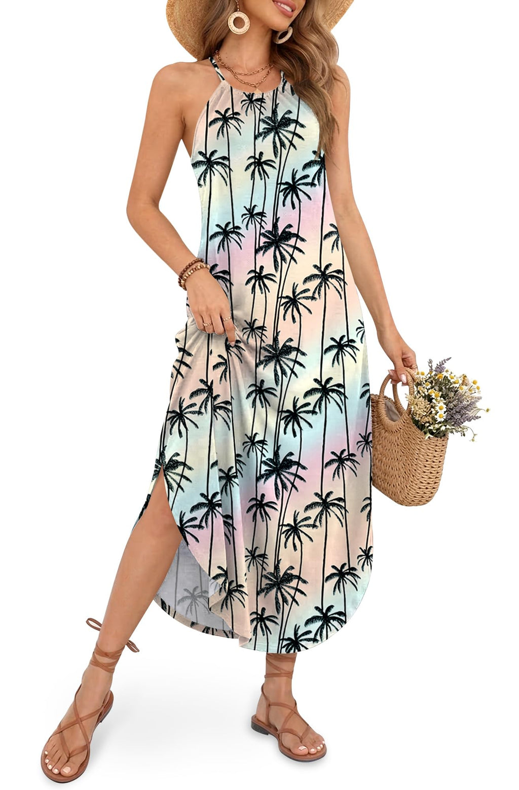 For G and PL Women's Summer Casual Halter Side Slit Maxi Beach Dress Resort Vacation Cruise Wear Sundress