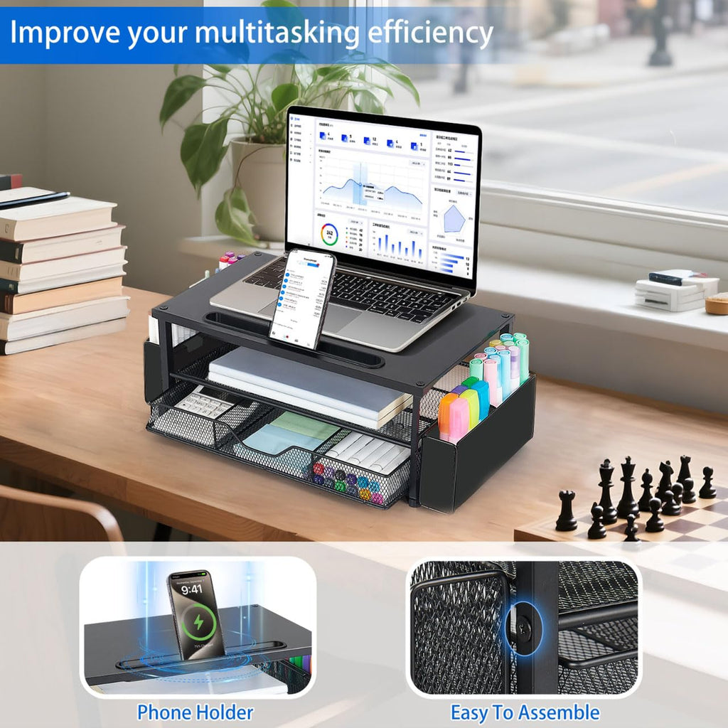 AUPSEN 2 Tier Computer Monitor Stands with Drawer and 2 Pencil Holder, Metal Monitor Stand Monitor riser, Computer Desk Organizer and Accessories for Laptop, Computer, Printer, Office Supplies(Black)