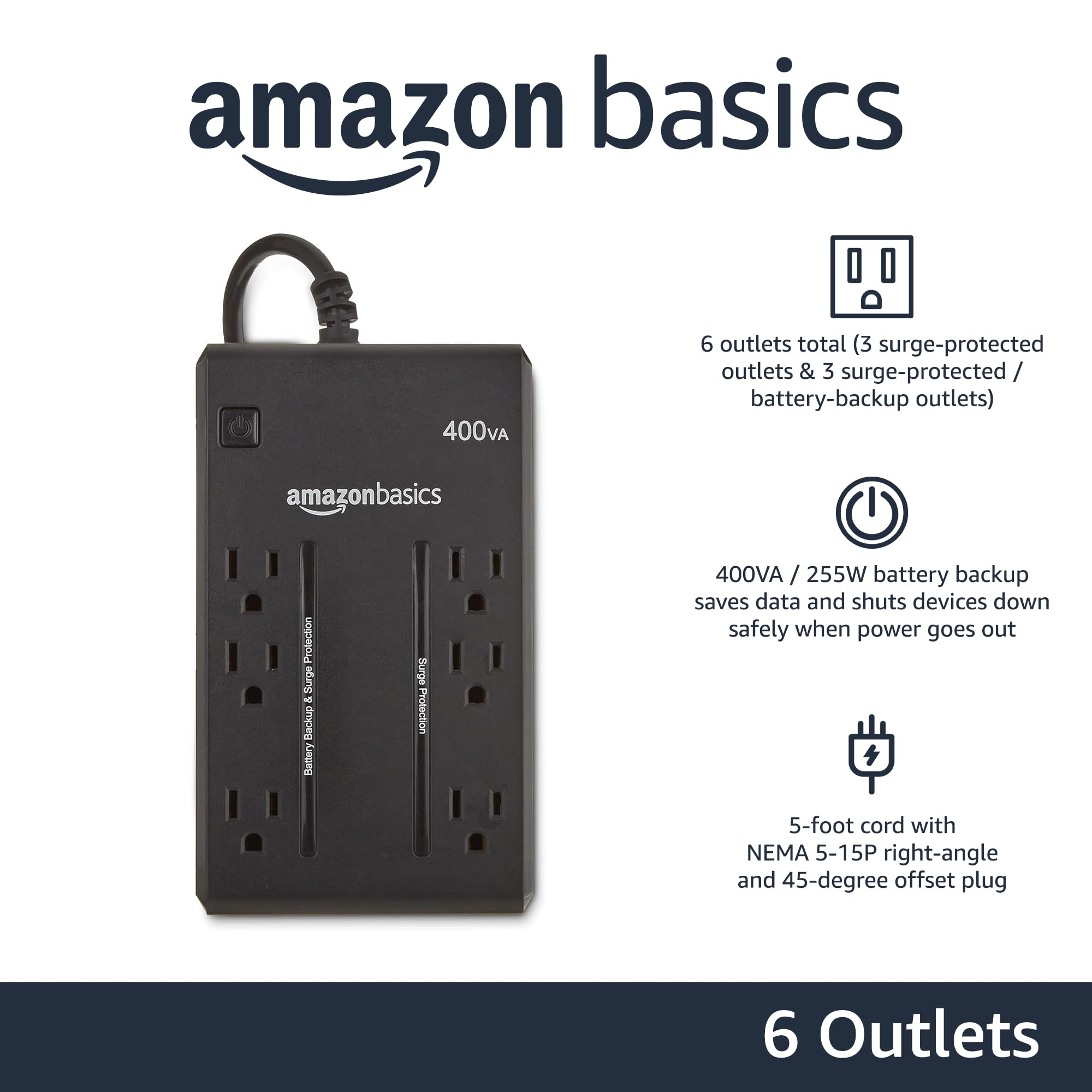 Amazon Basics UPS Battery Backup & Surge Protector, 400VA/255W, 6 Outlets, Uninterruptible Power Supply, Small Compact Size, Black