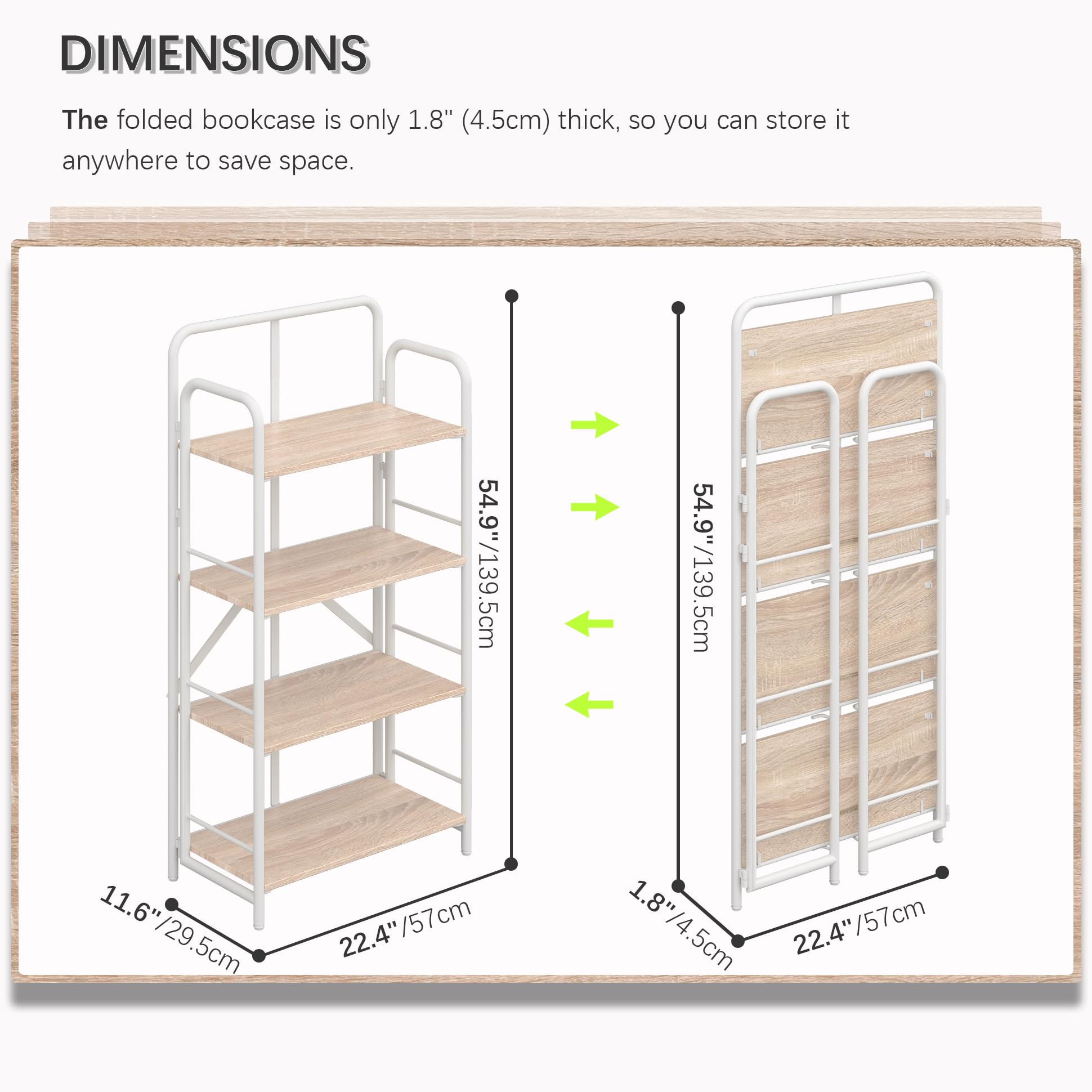 4NM No Assembly Folding Bookshelf, 3 Tiers Collapsible Book Shelves Open Industrial Foldable Storage Bookcase Shelf for Bedroom, Living Room, Home Office - Natural and White