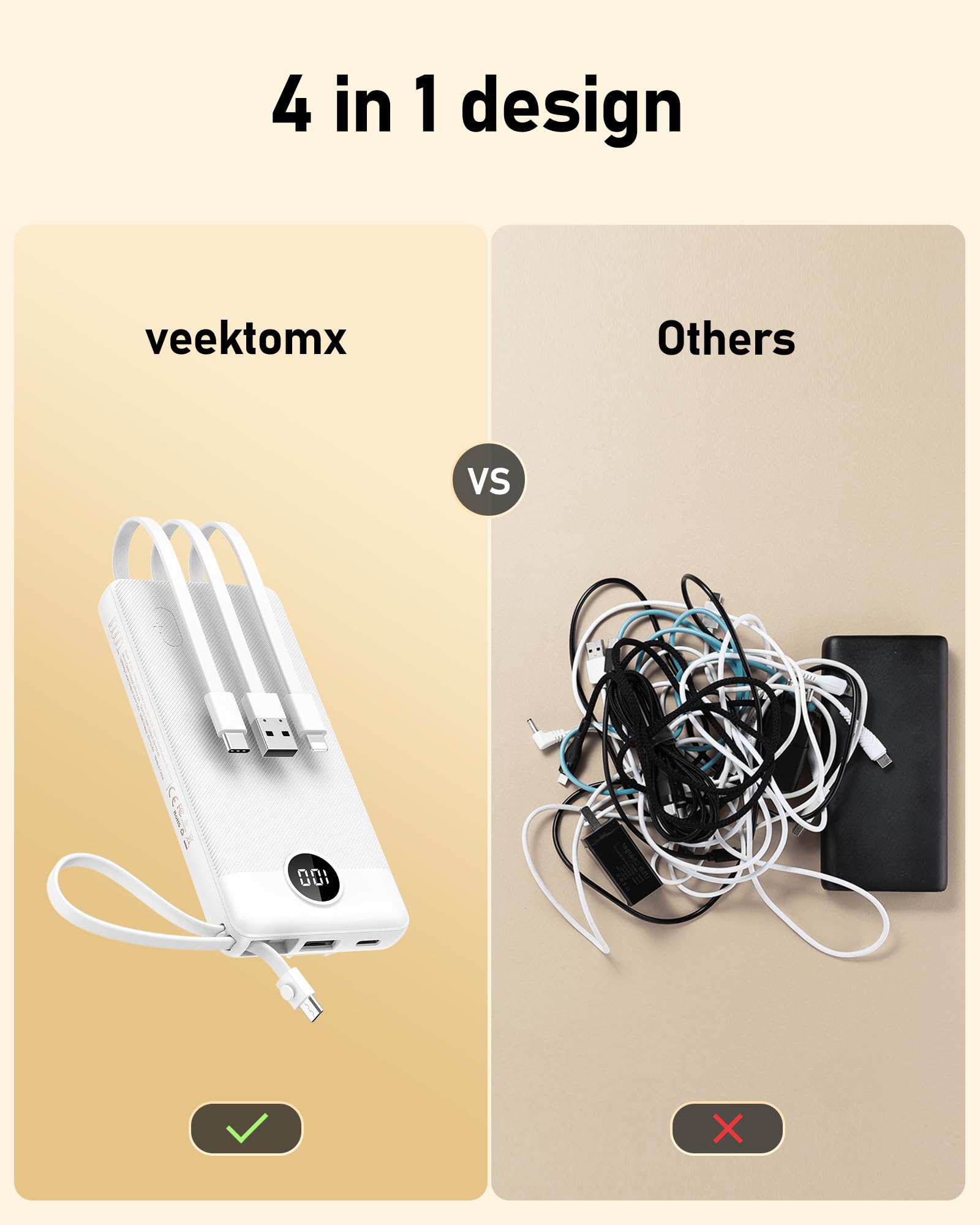 VEEKTOMX Portable Charger with 4 Built-in Cables — 10000mAh Slim Power Bank, USB-C Battery Pack with iPhone & Micro USB, TSA Approved Travel Charger for iPhone, Samsung, Android