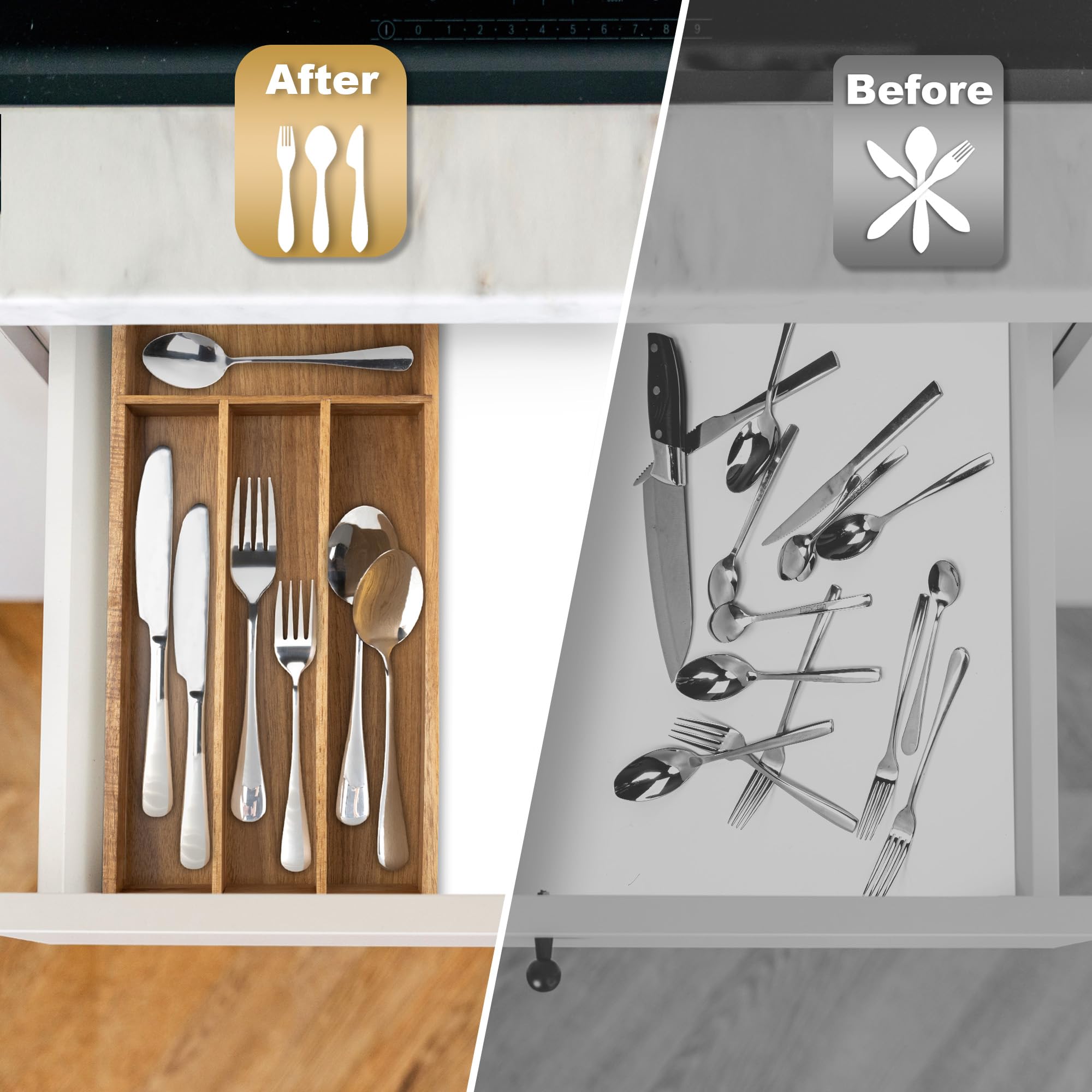 Acacia 4 Slot Silverware Drawer Organizer - Cutlery Holder with Flatware Tray