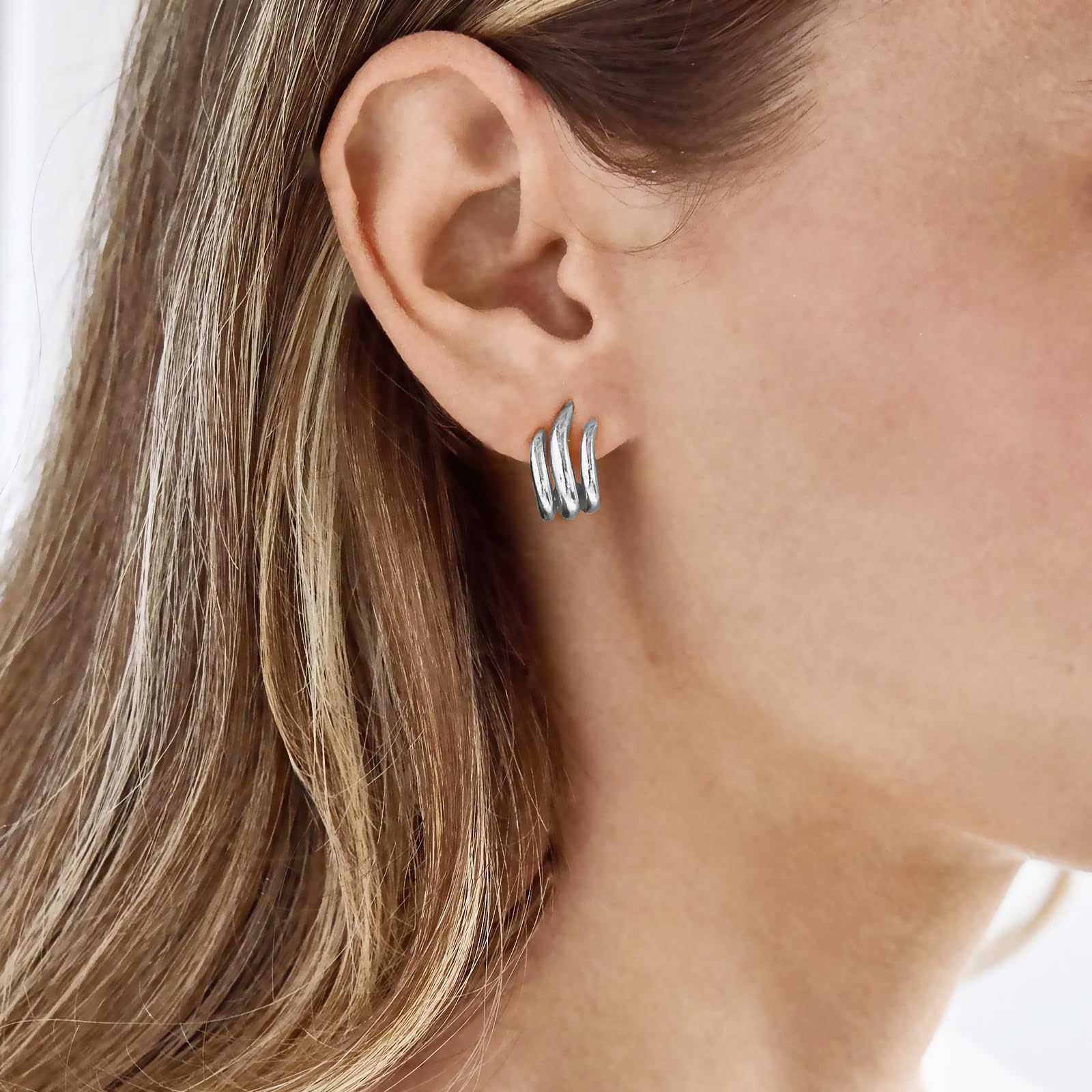 Obidos 14K Gold Plated Illusion Stud Earrings for Women | Triple Huggie Hoop Earrings for One Hole| Trendy Simple Hypoallergenic Fashion Accessories Gold Jewelry Gifts for Womens