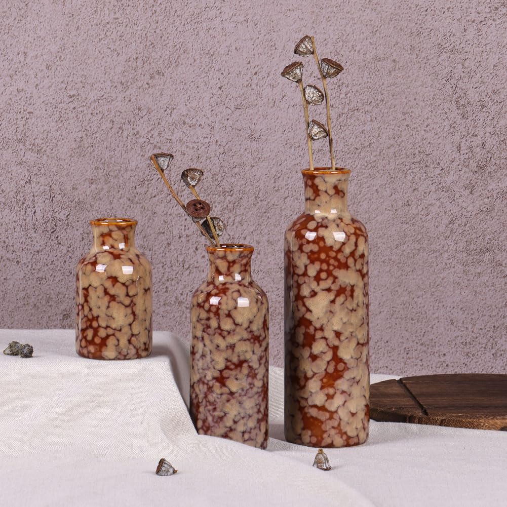 Ceramic Vase Set - 3 Ceramic Small Vases, Farmhouse Country Flower Vase Home Decor, Living Room Decoration, Table Decoration, Fireplace Decor, and Entrance Decorations Centerpieces