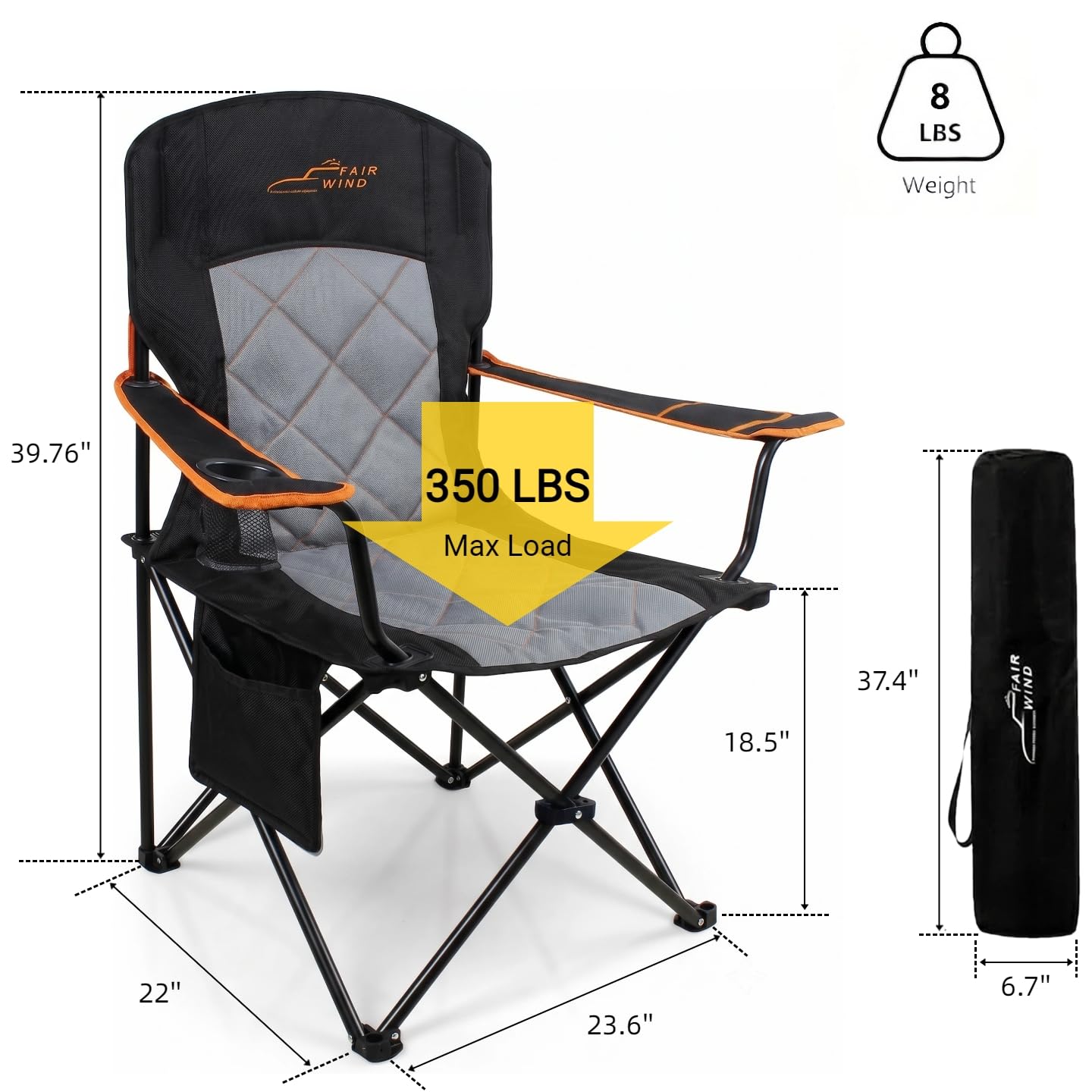 FAIR WIND Oversized Padded Camping Chair 2 Pack 350 LBS Capacity Fully Padded Lawn Quad Chair with Side Pocket & Cup Holder, Heavy Duty Lawn Chair for Outside, Tailgating, Beach, Sports