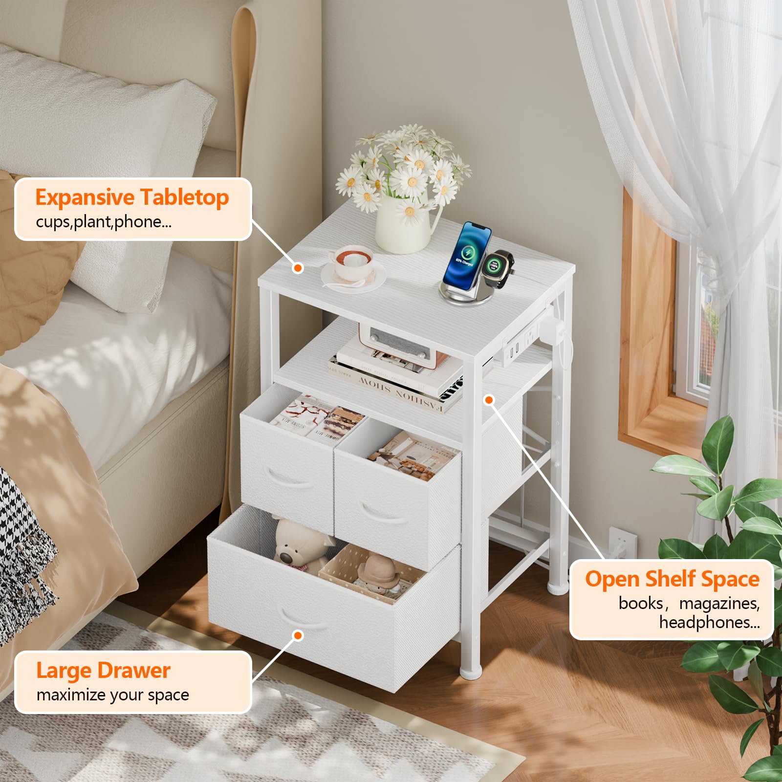 Furnulem Night Stand with Charging Station, LED, USB Ports and Outlets, Bedside Table with Fabric Bins, Nightstand with Open Shelf, Small Storage Side Table for Bedroom (3 Drawer, White)