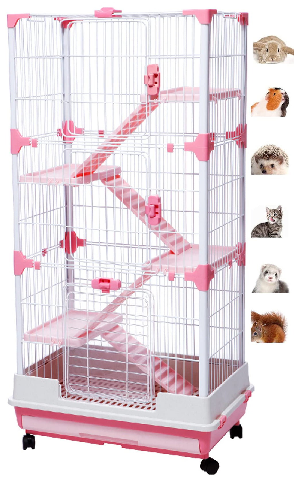 Deluxe 2-Level in/Outdoor Rabbit Hutch Cage for Ferret Squirrel Chinchilla Paw Safe Solid Platform Ramp Mesh Floor Pull Out Leakproof Easy Clean 2-Inch Deep Tray Large Access Doors Lockable Casters
