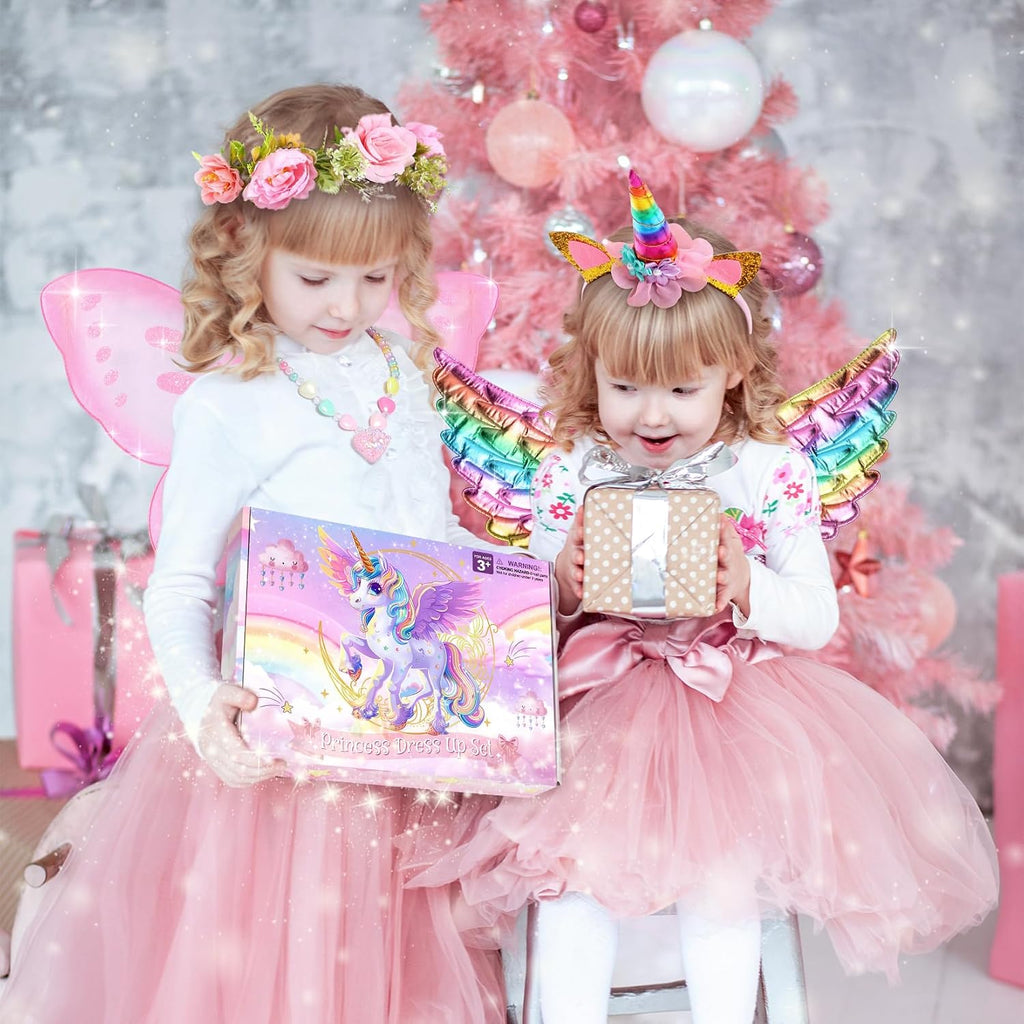 Chillife Princess Dress Up Fairy & Unicorn Costume for Girls 4-6, Toddler Dress with Tutu, Wings, Shoes, Jewelry, Headband Fairy Unicorn Toys for Girls Christmas Halloween Birthday Gift Toys