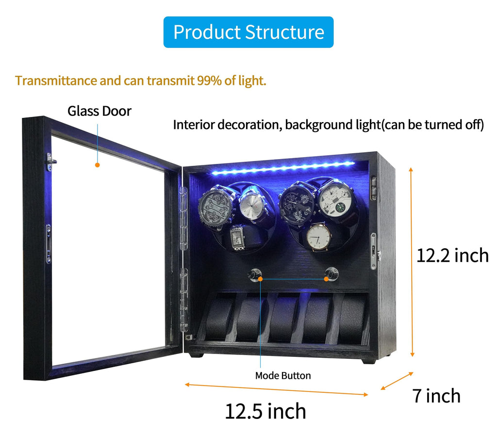Oryx Watch Winder for 4/6/9 Automatic Watches, Rotating Watch Box 5 Rotation Modes Setting Display Case with Extra Watch Storages and LED Light, Lockable Winders USB Powered Super Quiet Mabuchi Motor