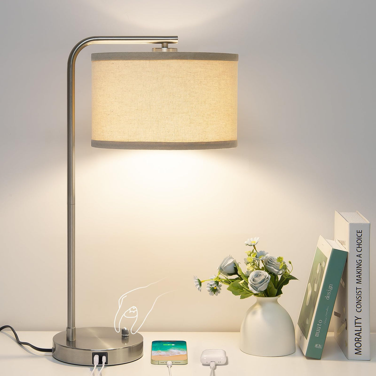 Table Lamps Set of 2, Fully Dimmable Bedside Lamp with USB C+A Charging Ports, Modern Nightstand Lamps with Linen Fabric Shades, Tall Desk Lamp for Bedroom, Living Room, Office, LED Bulb Included