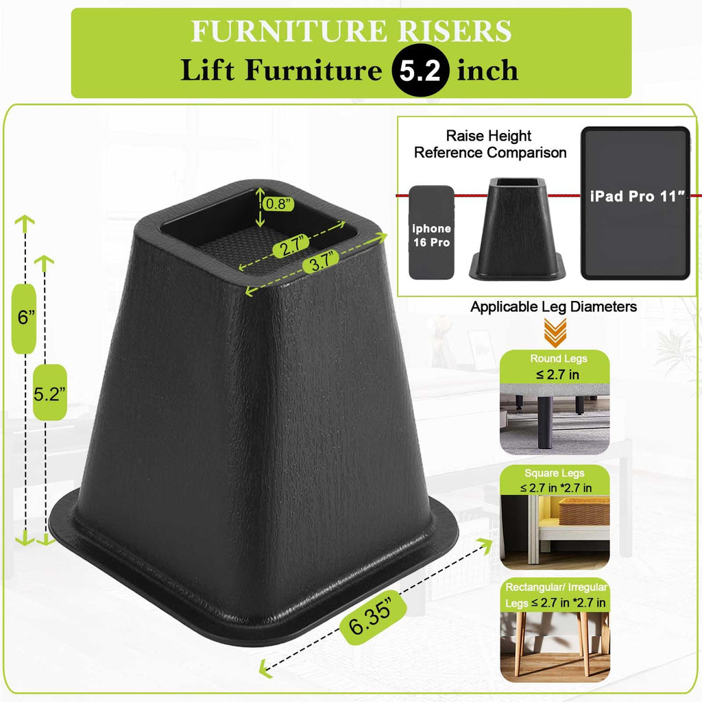 12 Pack Furniture Risers 1 Inch, Adjustable Bed Risers Heavy Duty for Table Desk Couch Chair Sofa Cabinet Bed Frame Dorm, Square Stackable Table Leg Risers Lift Height 1", 2" or 3", Black