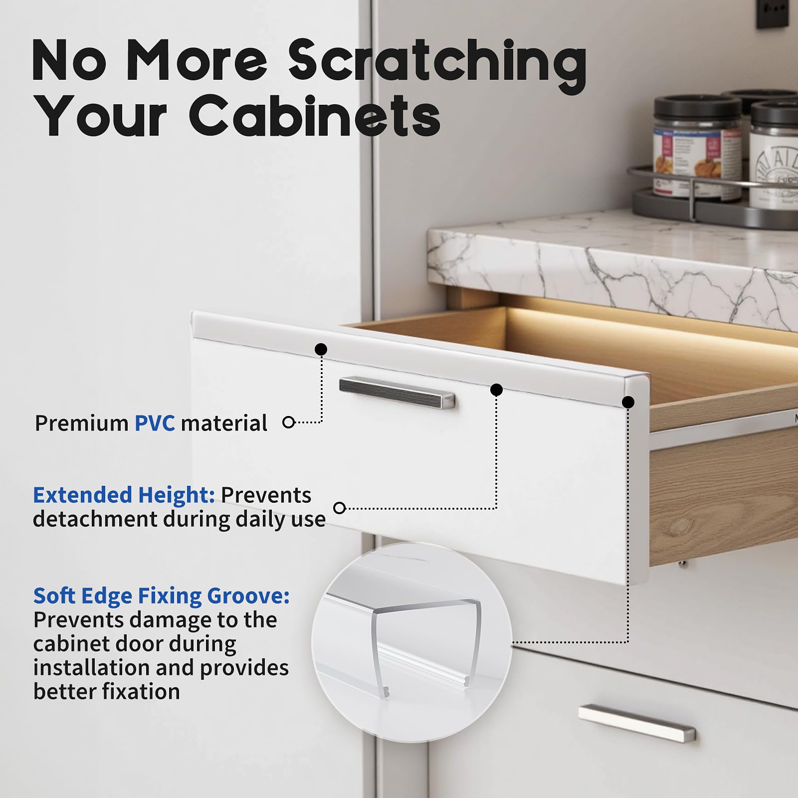 Cabinet Protector Edge Guard (Pack of 6), 17.7" Clear PVC Cabinet Edge Protectors for 3/4" Thick Kitchen Cabinets Doors – Slip-On No-Tool Sliding Installation