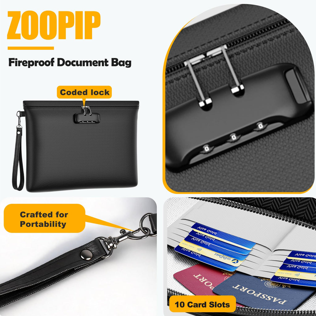 Fireproof Money Bag with Lock, 11.2"x7.6" Fireproof Cash Bag with Zipper Closure, Storage Pouch for A5 Size Document, Cheque, Cash, Cell Phone, Tablet, Credit Card, Passport, Jewelry (Black)