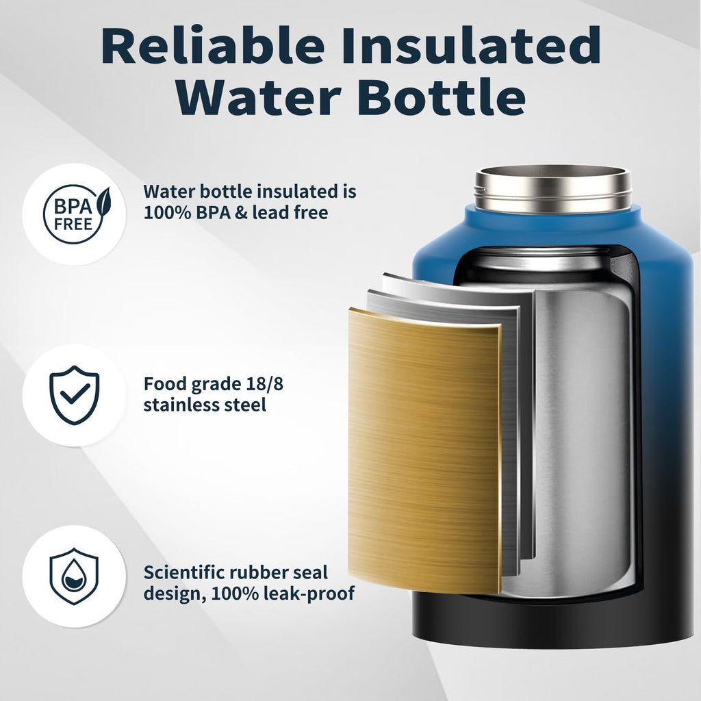 WATERSY Half Gallon Water Bottle Insulated(Cold for 48 Hrs),BPA Free&Leak Proof,64oz Stainless Steel Water Jug/Flask,Big thermo,Large Water Bottle with Handle for Gym,Hiking,Camping,Black