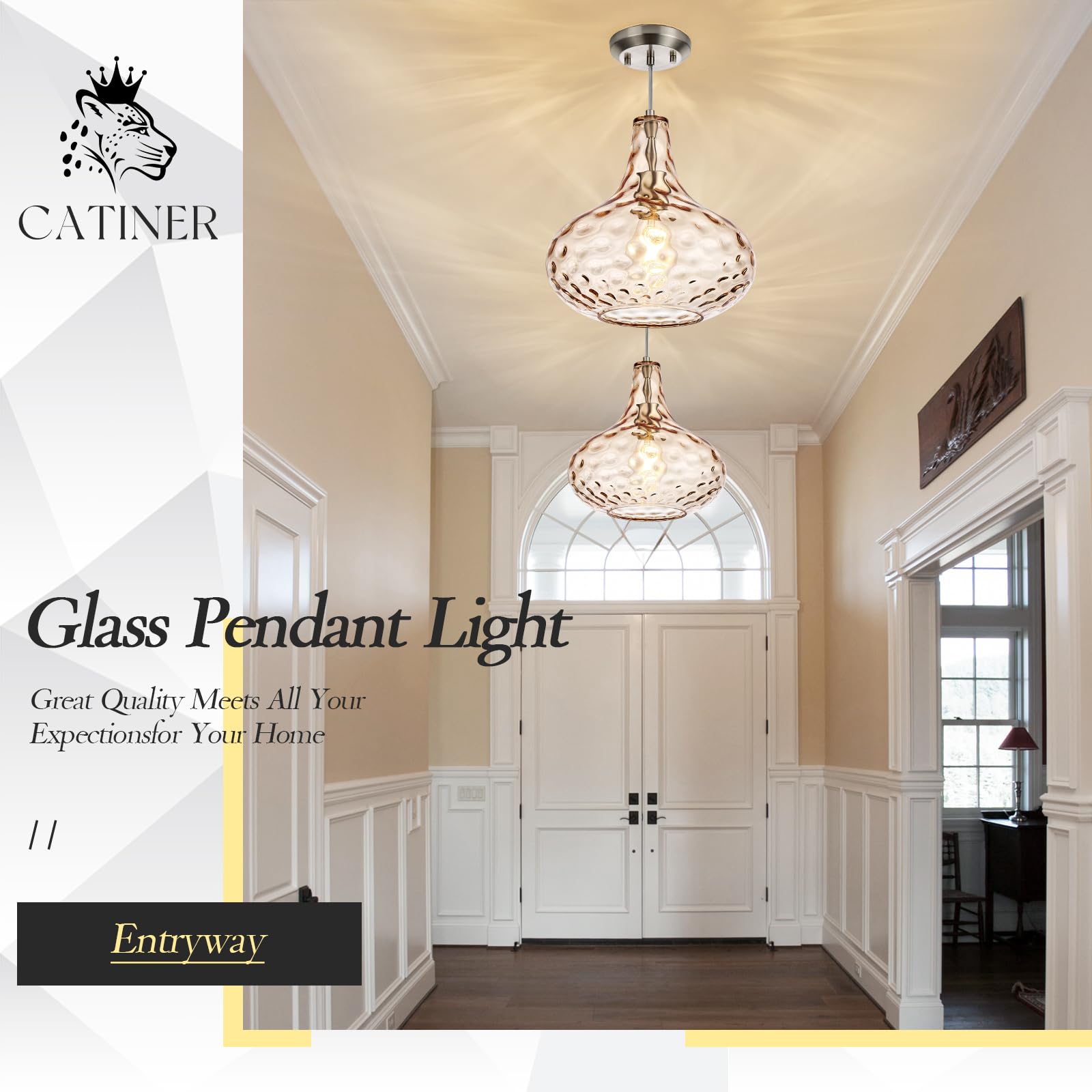 Glass Large Pendant Lights for Kitchen Island Blown Glass Pendant Light Clear Hammered Shade Hanging Ceiling Lights with Black Finish for for Kitchen Island, Sink, Hallway, Living Room 11 inch