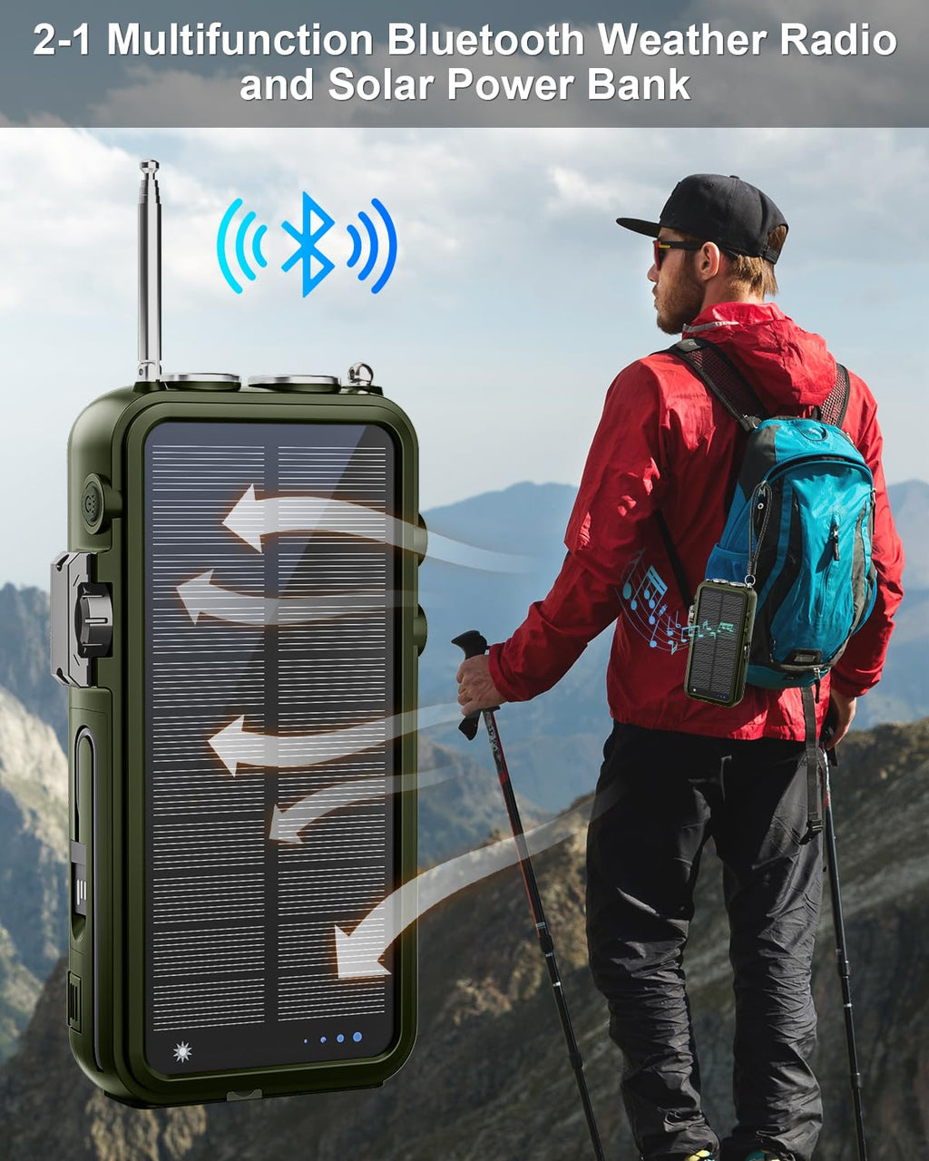 Emergency Radio&22000mAh Solar Power Bank, FM NOAA Weather Radio, Portable Hand Crank Bluetooth Radio, 20W Fast Charge Wireless Phone Charger, SOS Flashlight for Emergency/Home (Green)