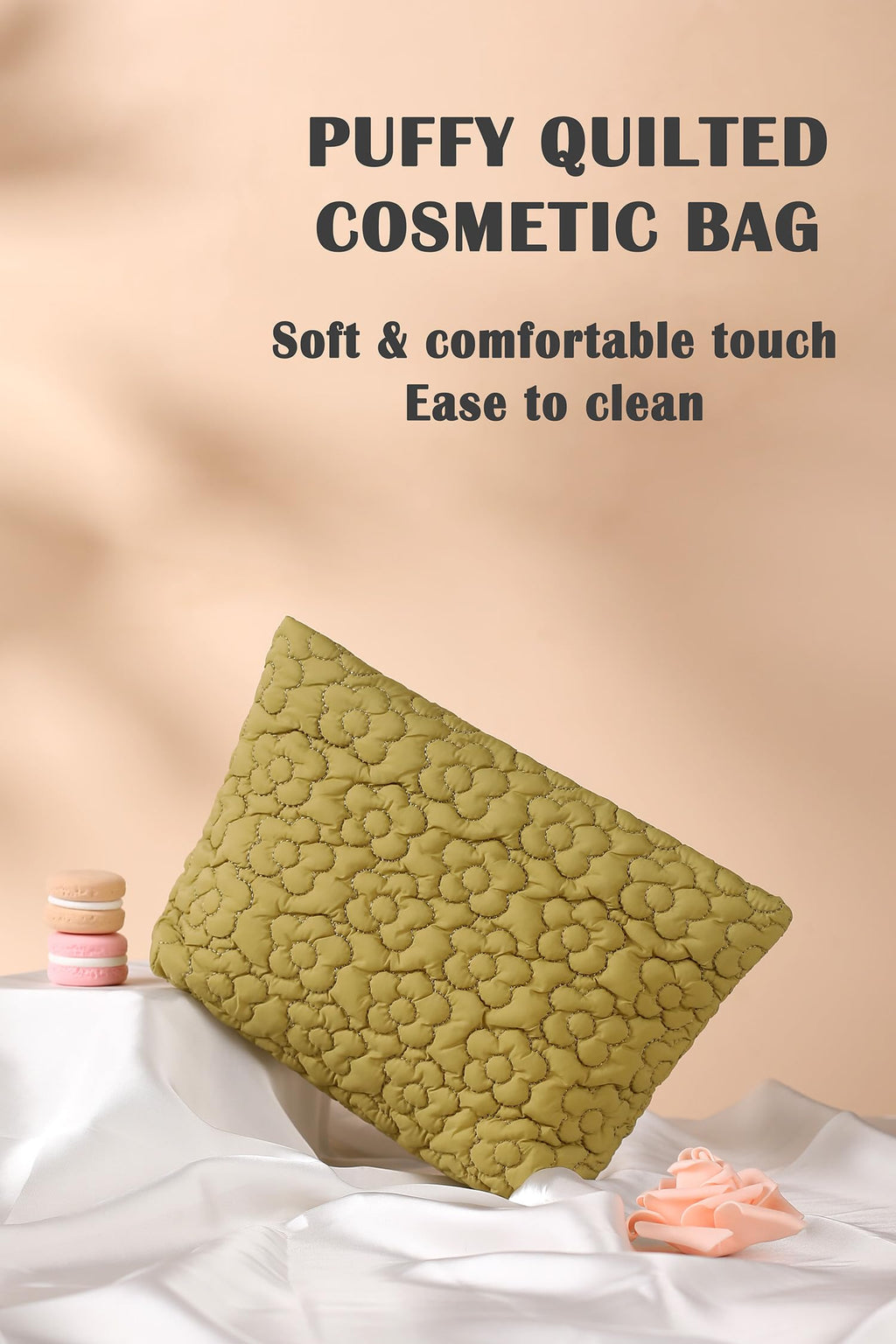 Puffy Quilted Makeup Bag for Women, Cosmetic Bag, Travel Toiletry Organizer Pouch Clutch (Black Flowers)
