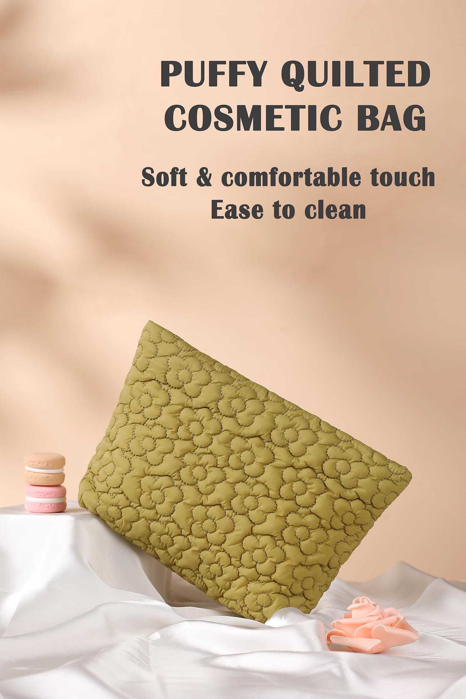 Puffy Quilted Makeup Bag for Women, Cosmetic Bag, Travel Toiletry Organizer Pouch Clutch (Black Flowers)