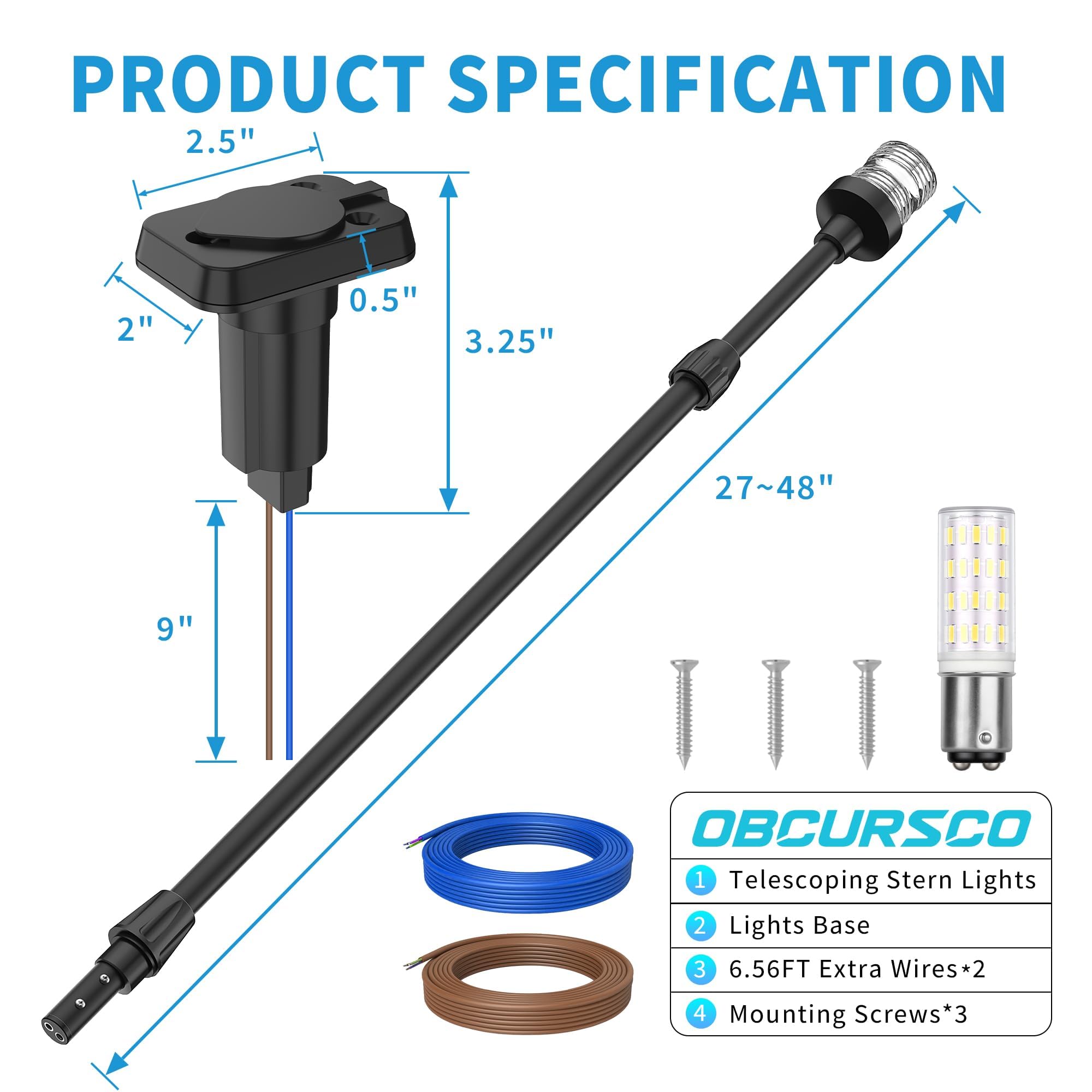 Obcursco Boat Stern Lights, Telescoping Pole 27"-48" LED Anchor Light with Base, 12V Adjustable 3NM 360° Navigation Lighting for Pontoon, Yacht, Bass, and Fishing Boats (27"-48", Black)