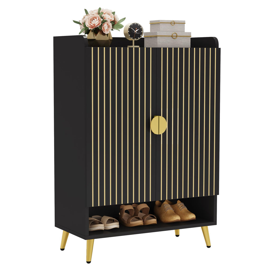 Tribesigns Shoe Cabinet with Doors, 7-Tier Shoe Storage Cabinet with Adjustable Shelves, Wooden Shoes Rack Shoe Storage Organizer for Entryway, Hallway, Closet, Living Room, Black