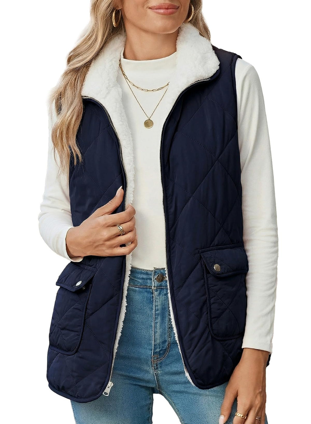 SHEWIN Women Puffer Vest Casual Stand Collar Sleeveless Puffer Jacket Warm Winter Reversible Zip Up Outerwear with Pockets