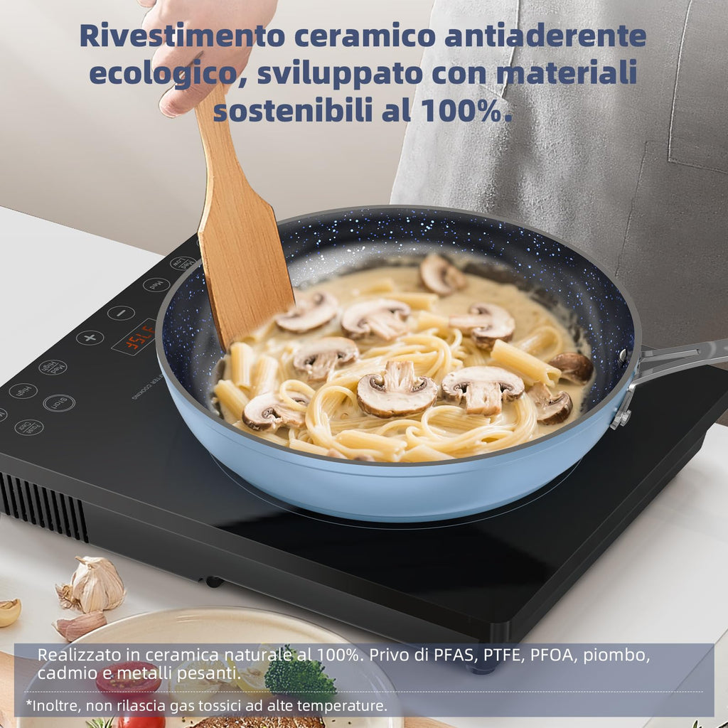 Nuwave Healthy Duralon Blue Ceramic Nonstick Cookware Set, Diamond Infused Scratch-Resistant, PFAS Free, Dishwasher & Oven Safe, Induction Ready & Evenly Heats, Tempered Glass Lids & Stay-Cool Handles