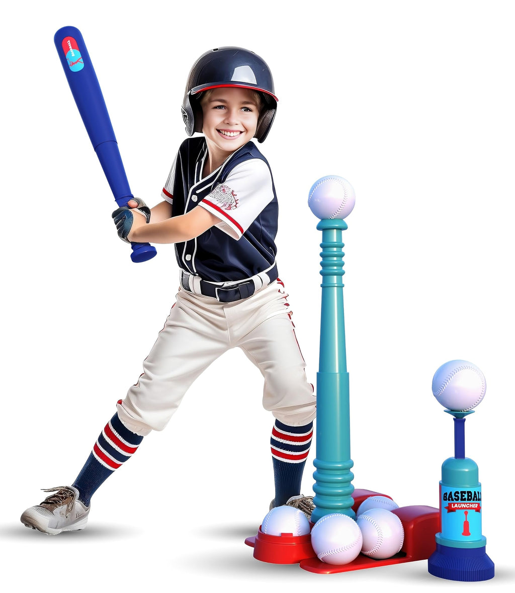 T Ball Stand for Kids and Toddlers 1-3, 3-5, 5-8. Baseball Set Includes 6 Large Balls, an Adjustable Tball Batting Tee, and a Pitching Machine. Kids Bat and Ball, T-Ball Sets for Kids