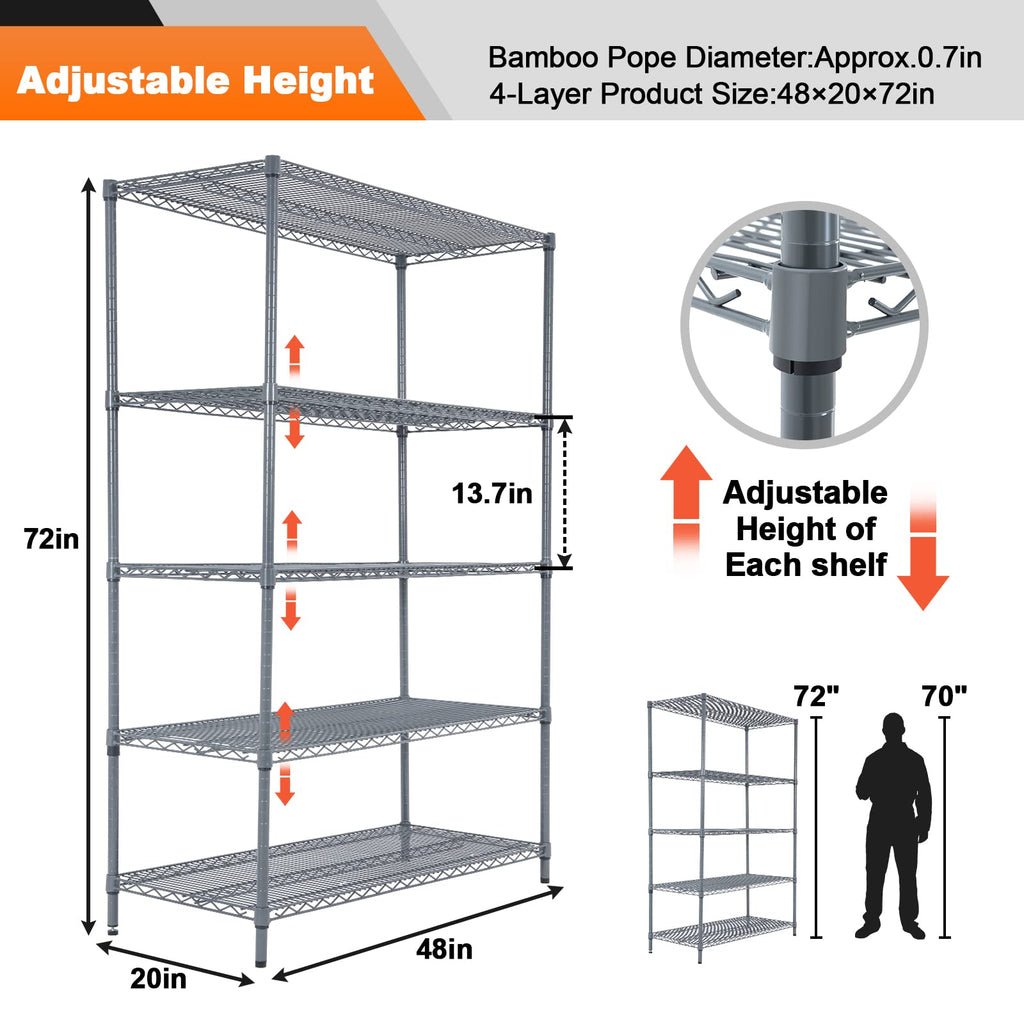 Land Guard 5 Tier Black Storage Racks and Shelving - 48" L x 20" W x 72" H Heavy Steel Material Pantry Shelves - Each Unit Loads 350 Pounds Wire Shelf, Suitable for Warehouses, Closets, Kitchens……