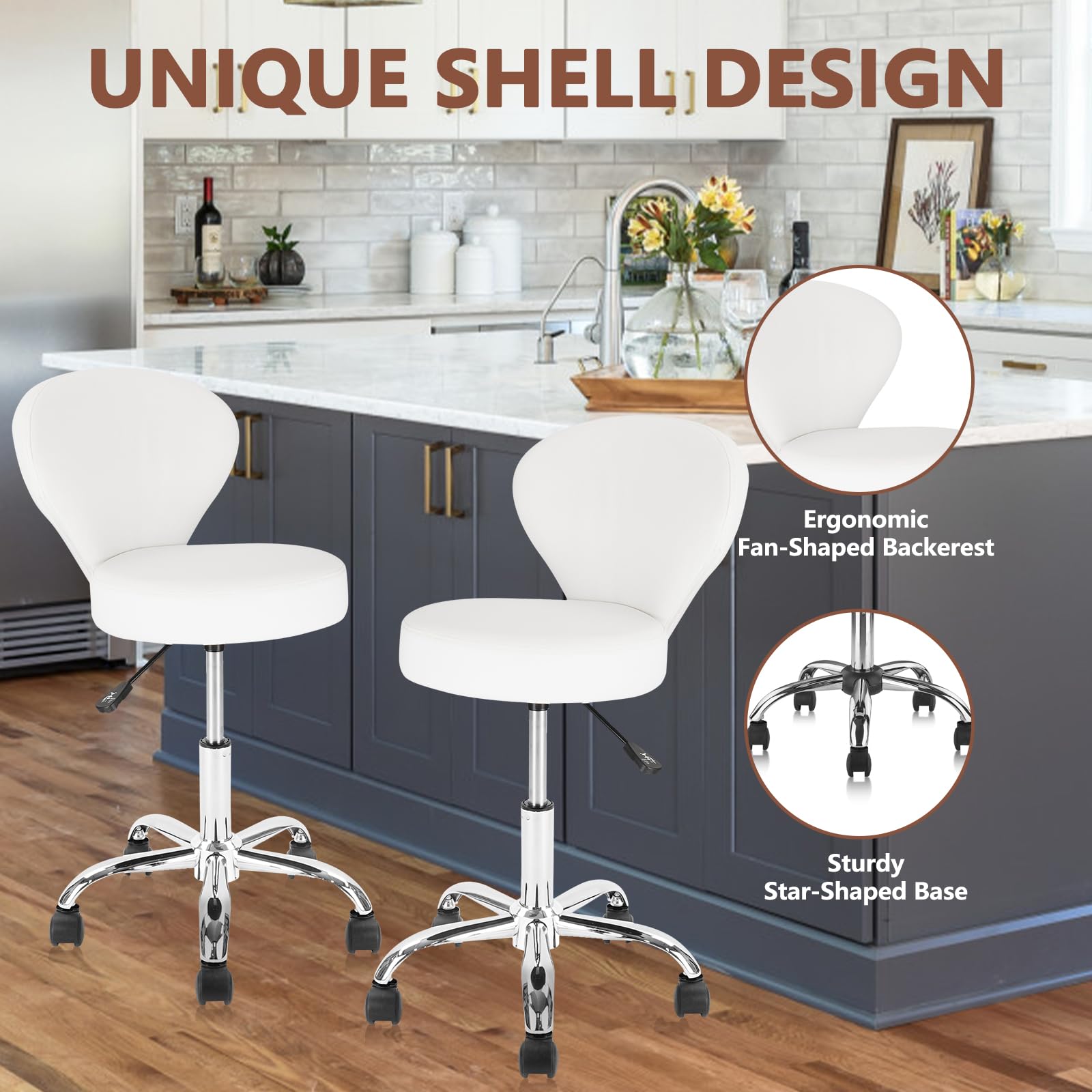 KLASIKA Leather Rolling Swivel Salon Stool Chair with Back Support Adjustable Hydraulic Seat Height 22 in for Office Massage Facial Spa Medical Drafting Tattoo Beauty Barber