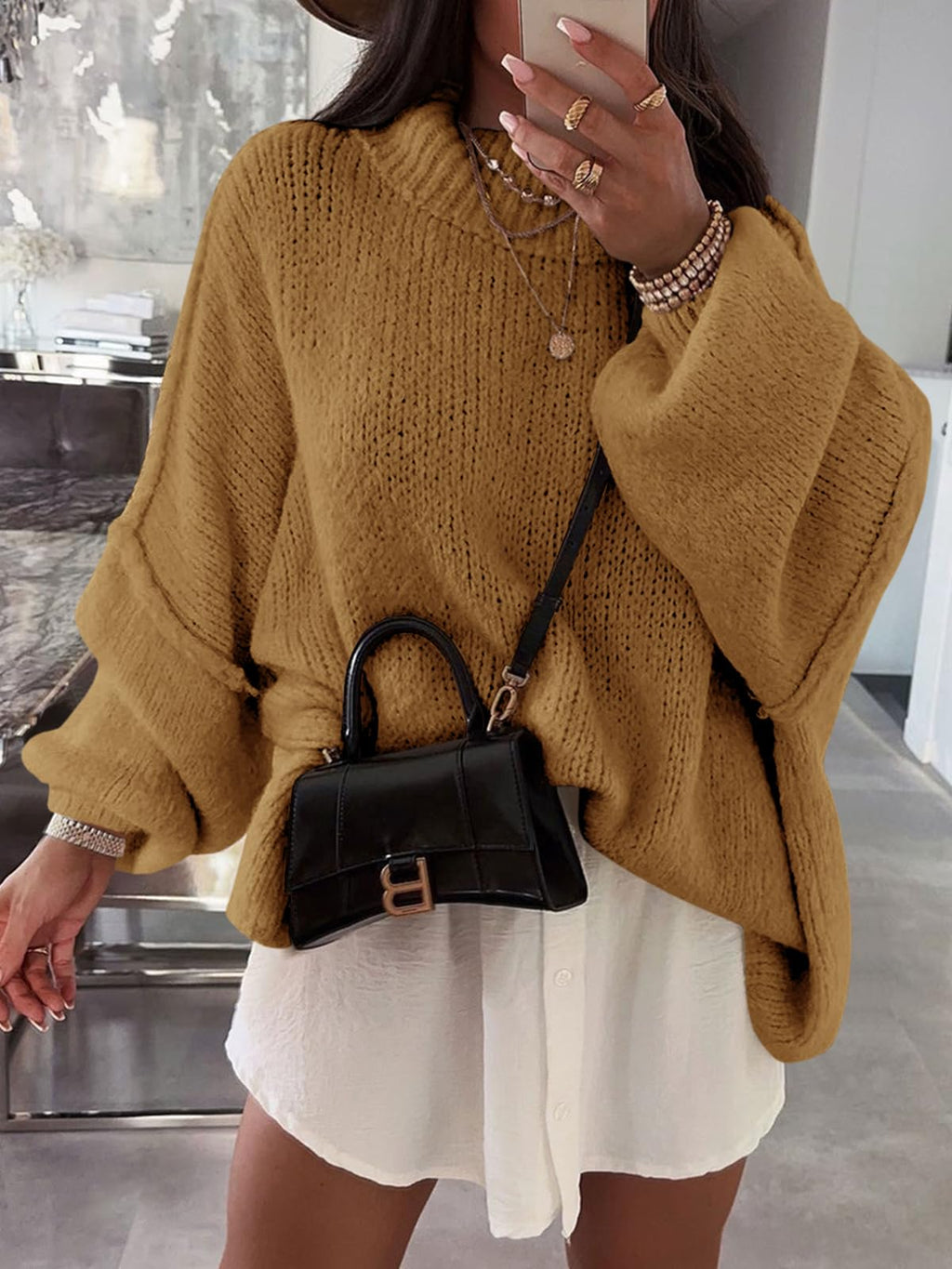 Saodimallsu Womens Oversized Sweaters Mock Neck Batwing Long Sleeve 2026 Fall Trendy Ribbed Knit Casual Tunic Sweater