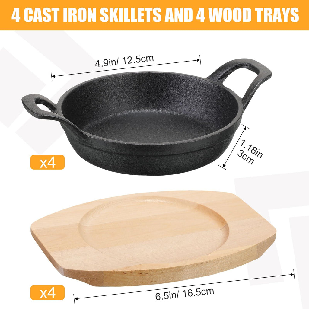 Sliner 4 Sets Mini Cast Iron Skillet Small Cast Iron Plates Skillet with Wooden Base Small Round Pan Fajita Plate Pot for Baking Cooking(3.9 Inch)