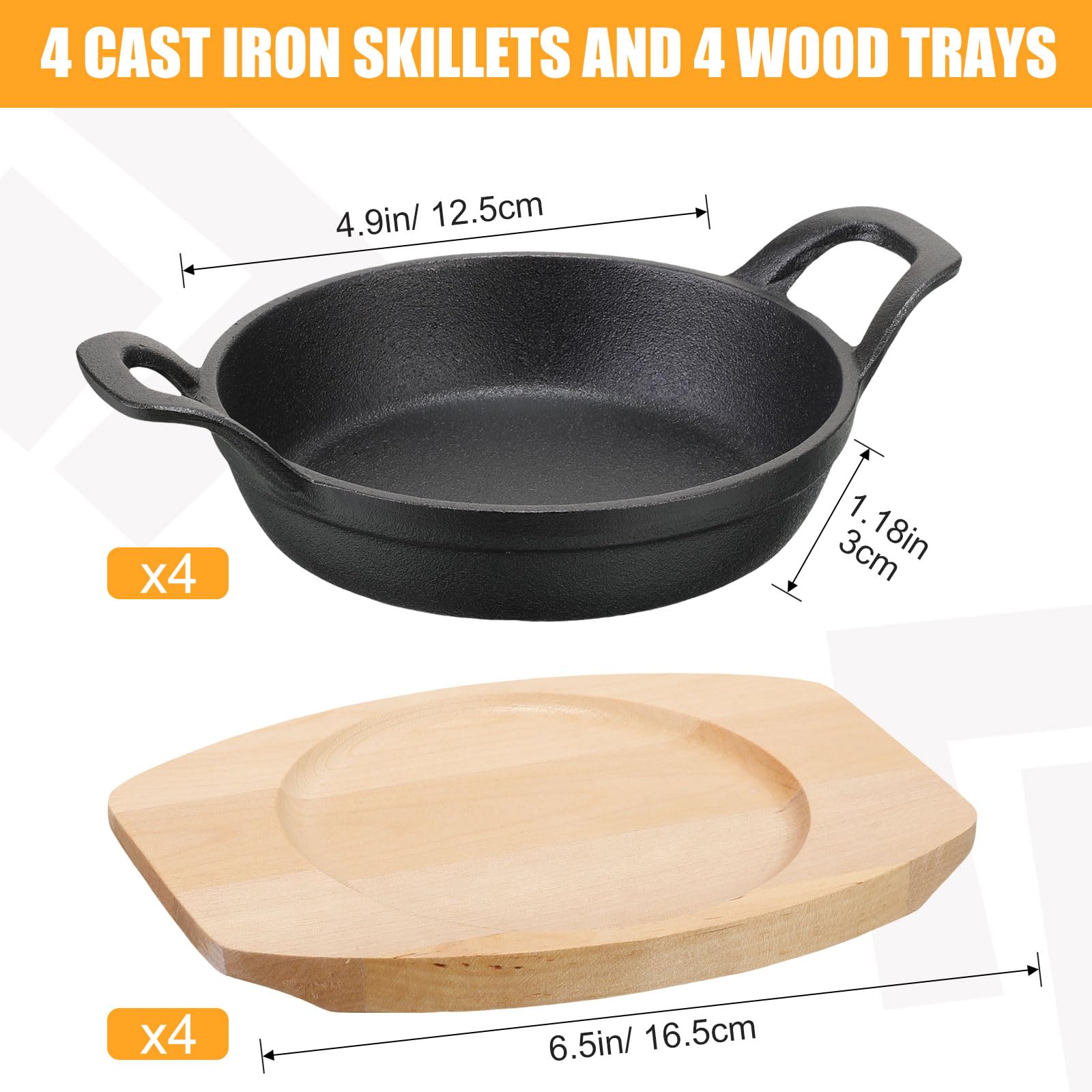 Sliner 4 Sets Mini Cast Iron Skillet Small Cast Iron Plates Skillet with Wooden Base Small Round Pan Fajita Plate Pot for Baking Cooking(3.9 Inch)