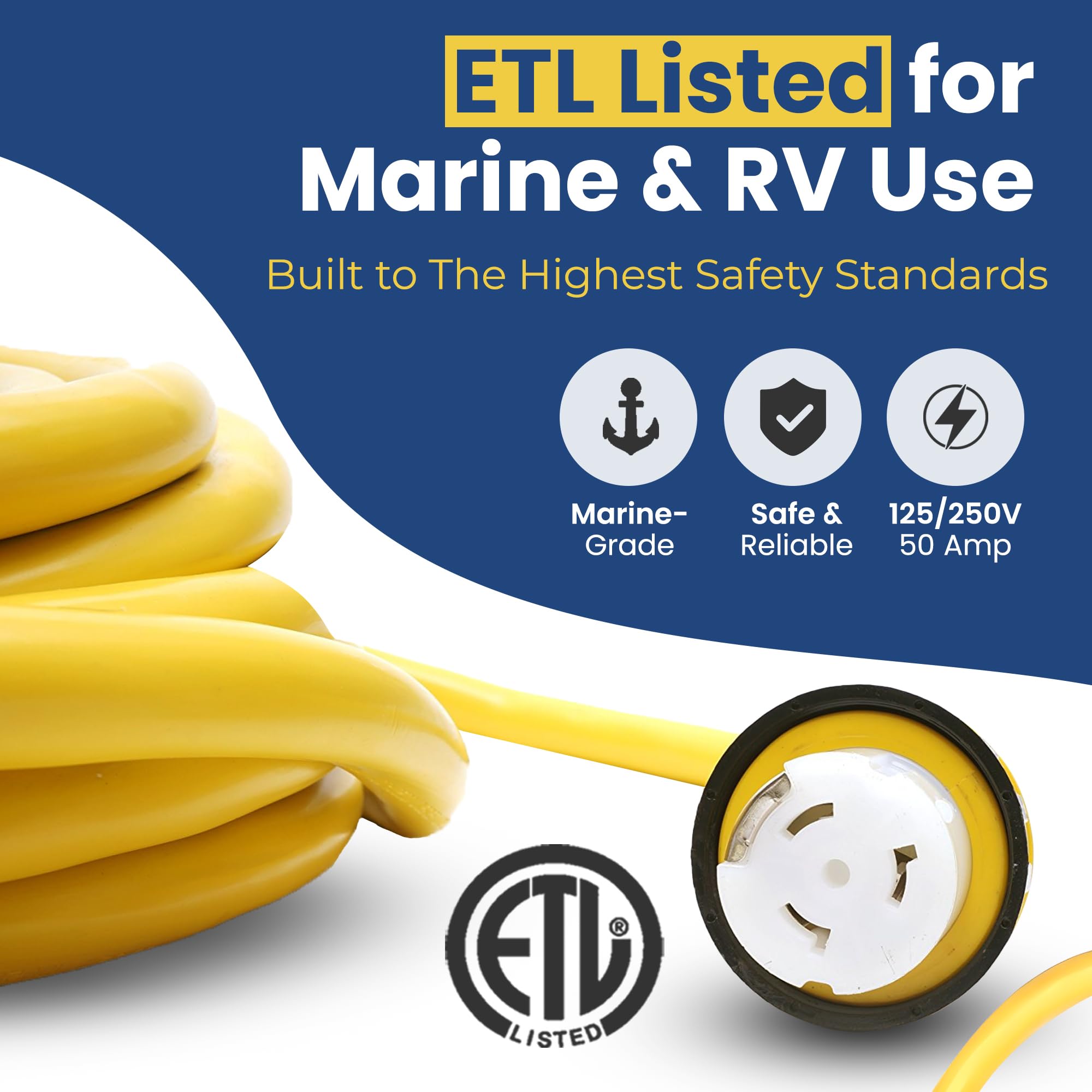 Amp Up Marine & RV Cords 125/250v 50 Amp X 25ft Shore Power Boat Heavy Duty NEMA Extension Cord with 2X L Shaped Terminals with Watertight Molded Ends, Twist Lock & ETL Listed from a US Based Company
