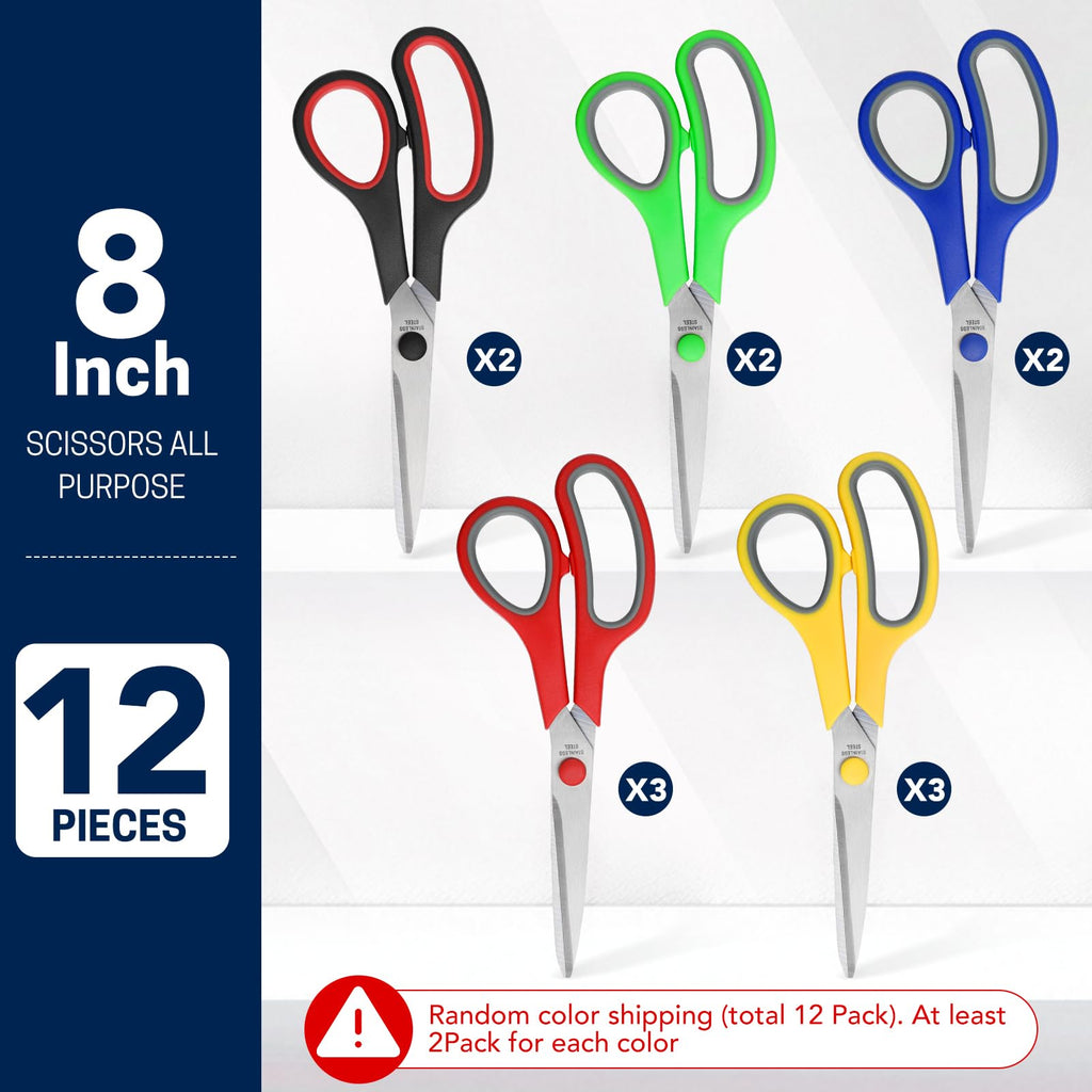 BURVAGY 8" 12 Pack All Purpose Heavy Duty Scissors- Comfort-Grip Sharp Scissors for Office School Sewing Fabric Craft High/Middle School Student Teacher Scissor, Right/Left Hand