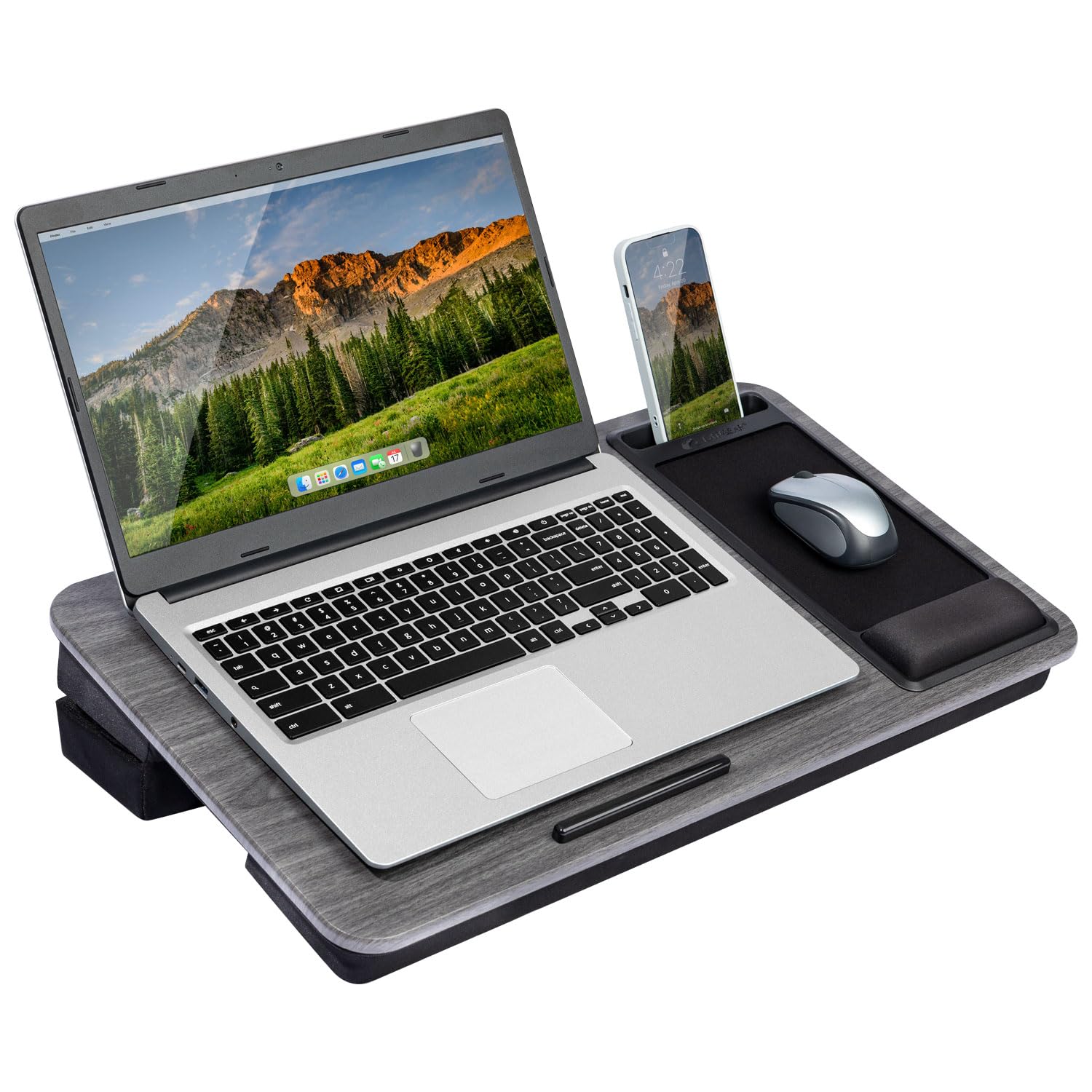 LAPGEAR Extra Large Adjustable Lap Desk – Fits Laptops up to 17.3”, Adjustable Cushion, Memory Foam Wrist Rest, Mouse Pad, Device Ledge, & Phone Slot – Black Carbon - Style No. 88108